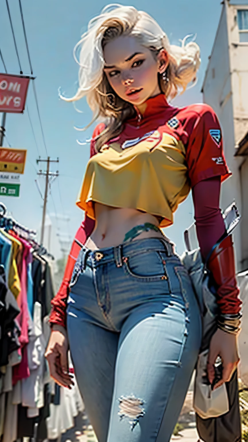 Definition of the woman's body: coxa fina, abdomen up, meio dos seios, jeans curto, cosplay de Supergirl, S de superman no peito blusa curta azul, abdome definido, seios pequenos