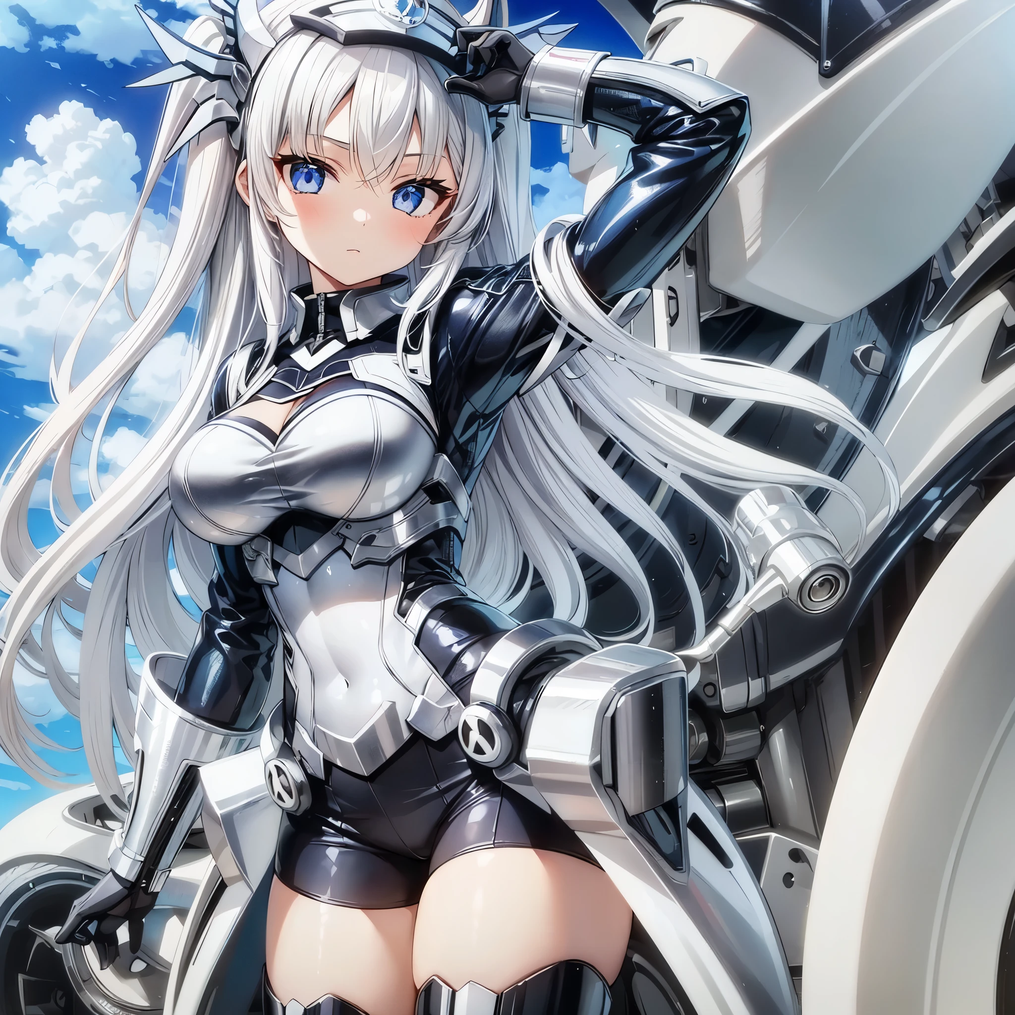 1girl, long silver hair, (detailed darkblue eyes), detailed body, silver and black uniform, masterpiece, high res, best quality, ((anime art))