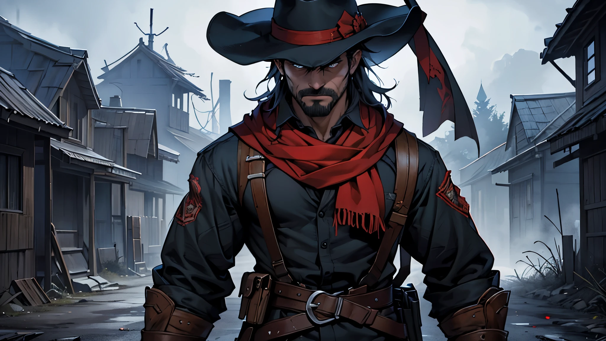 An imposing cowboy standing tall at 6 feet, dressed in classic Western attire with a crimson bandana concealing his mouth, a grimace evident beneath his cowboy hat, facing off against numerous foes in a gritty showdown, lacking traditional firearms, gesturing as if wielding pistols with his fingers, projecting arcane powers from his fingertips with a radiant aura, set against a menacing backdrop of a shadowy village shrouded in darkness, evoking an atmosphere of intense confrontation and supernatural peril, Mixed media illustration combining digital and traditional techniques, emphasizing contrast and texture, --ar 16:9 --v 5