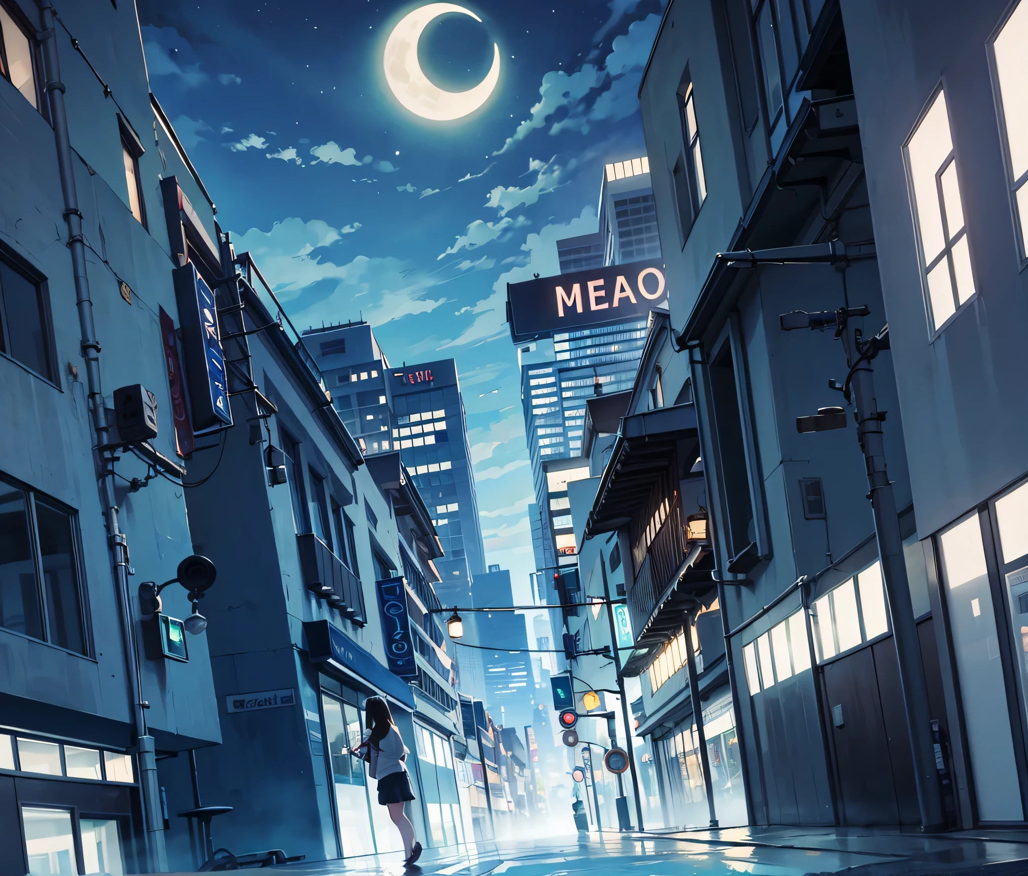 (masterpiece:1.2, best quality), (intricate details), background, foggy city street, crescent moon, buildings