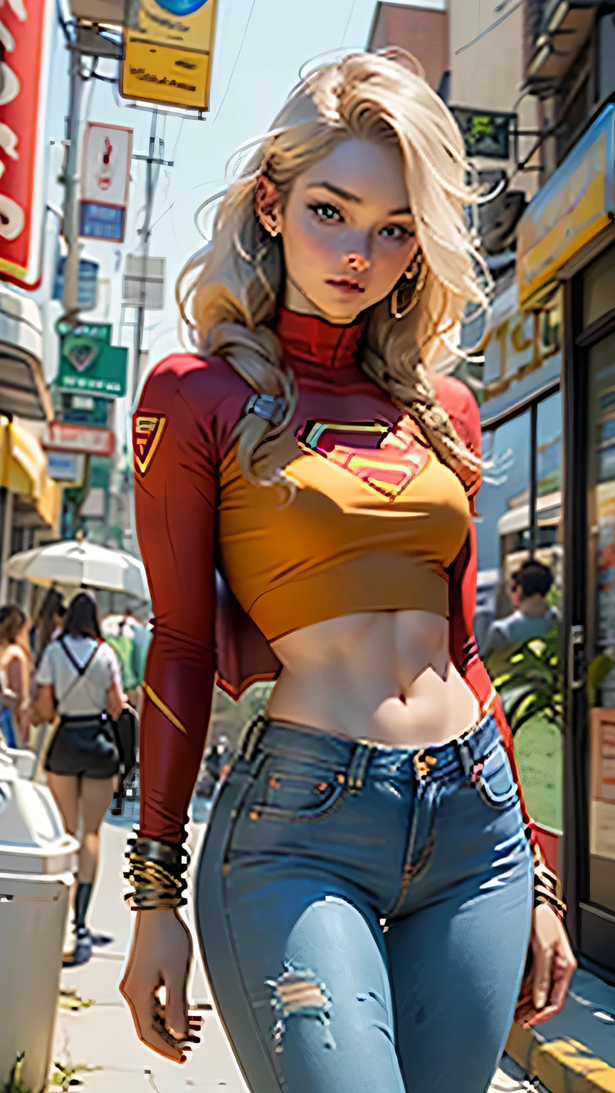 Supergirl, long blonde hair, blue eyes, red lipstick, black hairband, white croptop, short sleeves, red cape, blue skirt, upskirt, white gloves, looking at viewer, serious, standing, upper body shot, hands on hips, outside, city, times square, snow, winter, neon lighting, high quality, masterpiece, <lora:Supergirl_Galatea:.7>