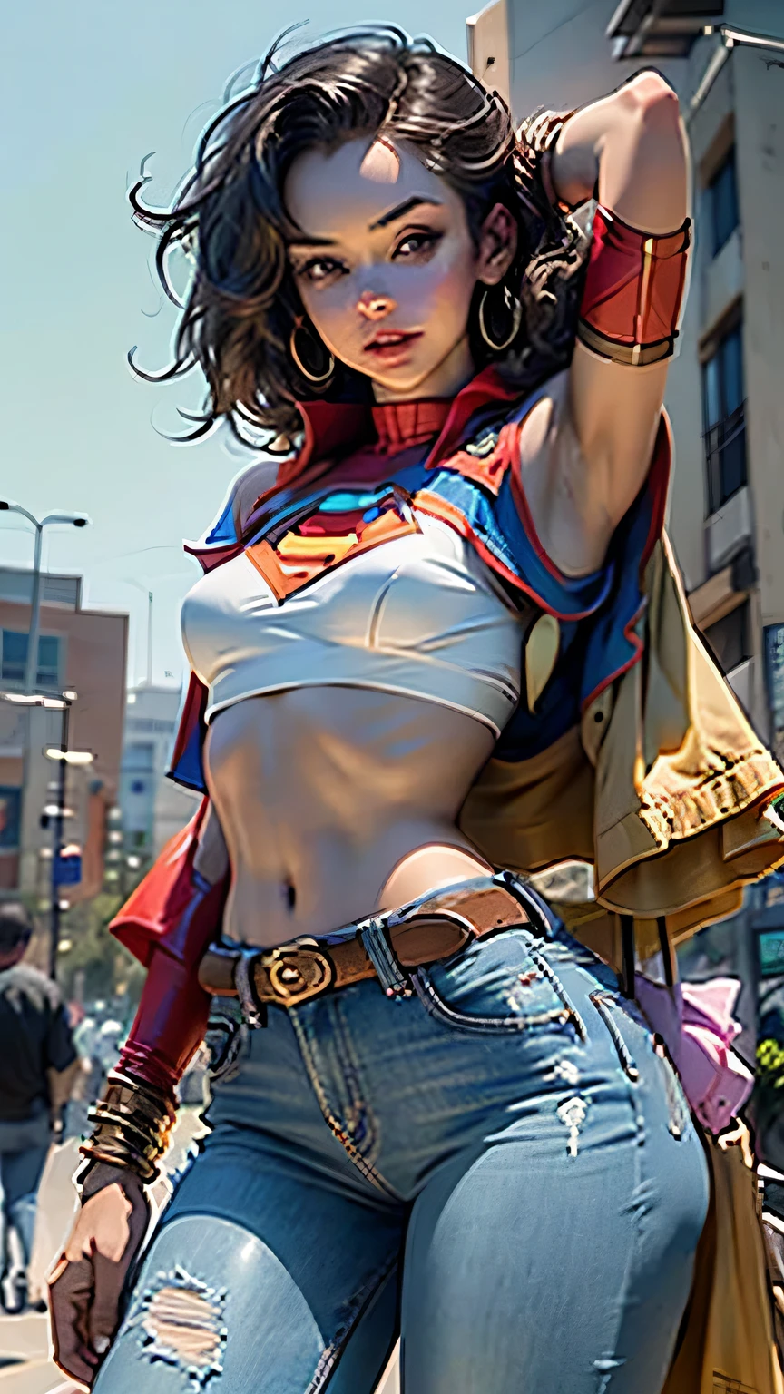 Definition of the woman's body: coxa fina, abdomen up, meio dos seios, jeans curto, cosplay de Supergirl, S de superman no peito blusa curta azul, abdome definido, seios pequenos