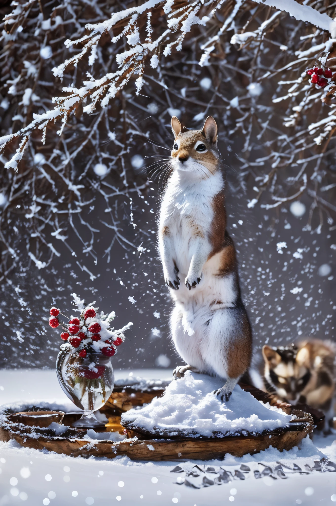 (snow art, snow theme:1.4), winter, squirrel on a branch, dreamy fantasy art, rococo art style, burgundy color, plum, where, (Best configuration), ultra wide angle, octane rendering, Strengthen, Complex, (highest quality, table top, master piece, official art, Professional, unity 8k wallpaper:1.3)