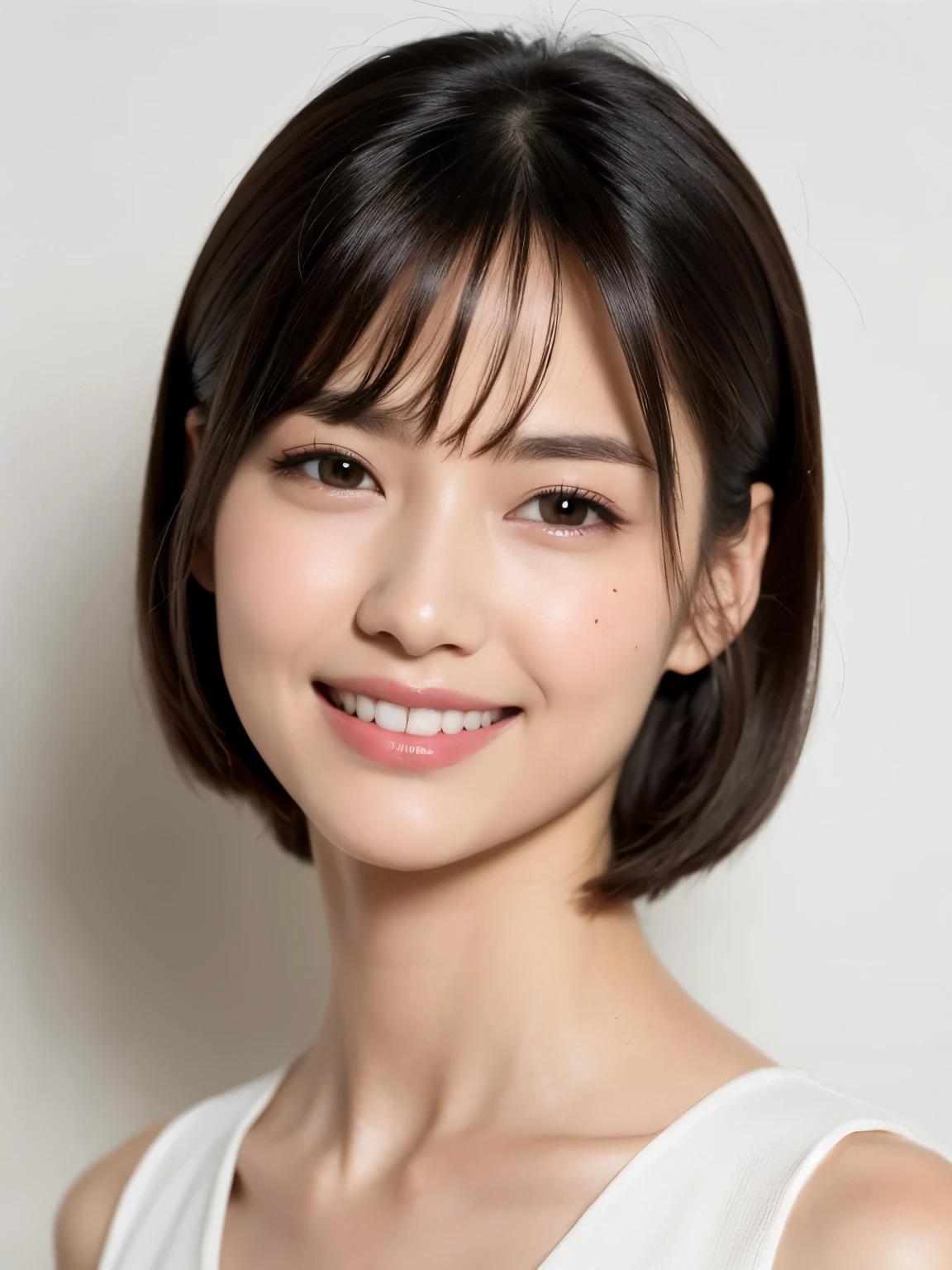 masterpiece、highest quality、high detail、1 female、(Photoreal:1.4)、solo、white background、turn to the side、don't look at the camera、long sleeve shirt、Taken in front of the white door、short hair、close your mouth、Smile、smile happily、beautiful black hair、length、Big eyes、Clear double eyelids、eyelash、long neck、((close up of face))、(cap、Draw all the shoulders)、40 years、attractive proportions、glowing skin、beautiful clavicle、golden ratio face、perfect face、Tears mole、bangs、きれいなbangs、lip gloss、thin lips、white skin
