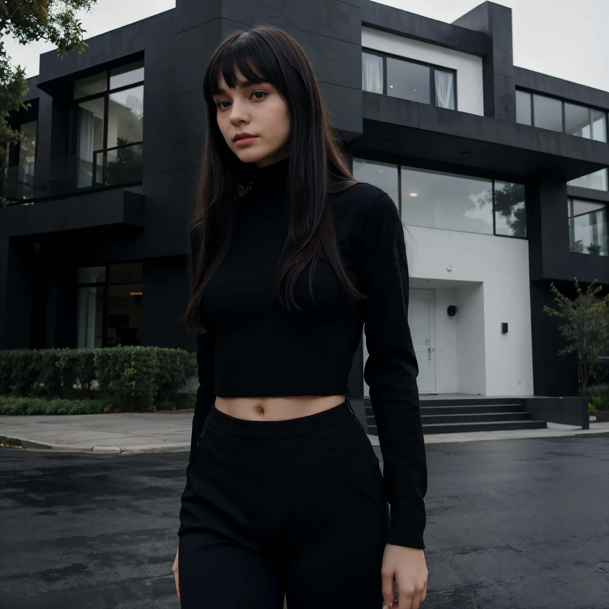 russian girl with black long hair with bangs wearing a black turtleneck, black pants with a big modern mansion in a neighborhood in Bel-Air background on a foggy day
