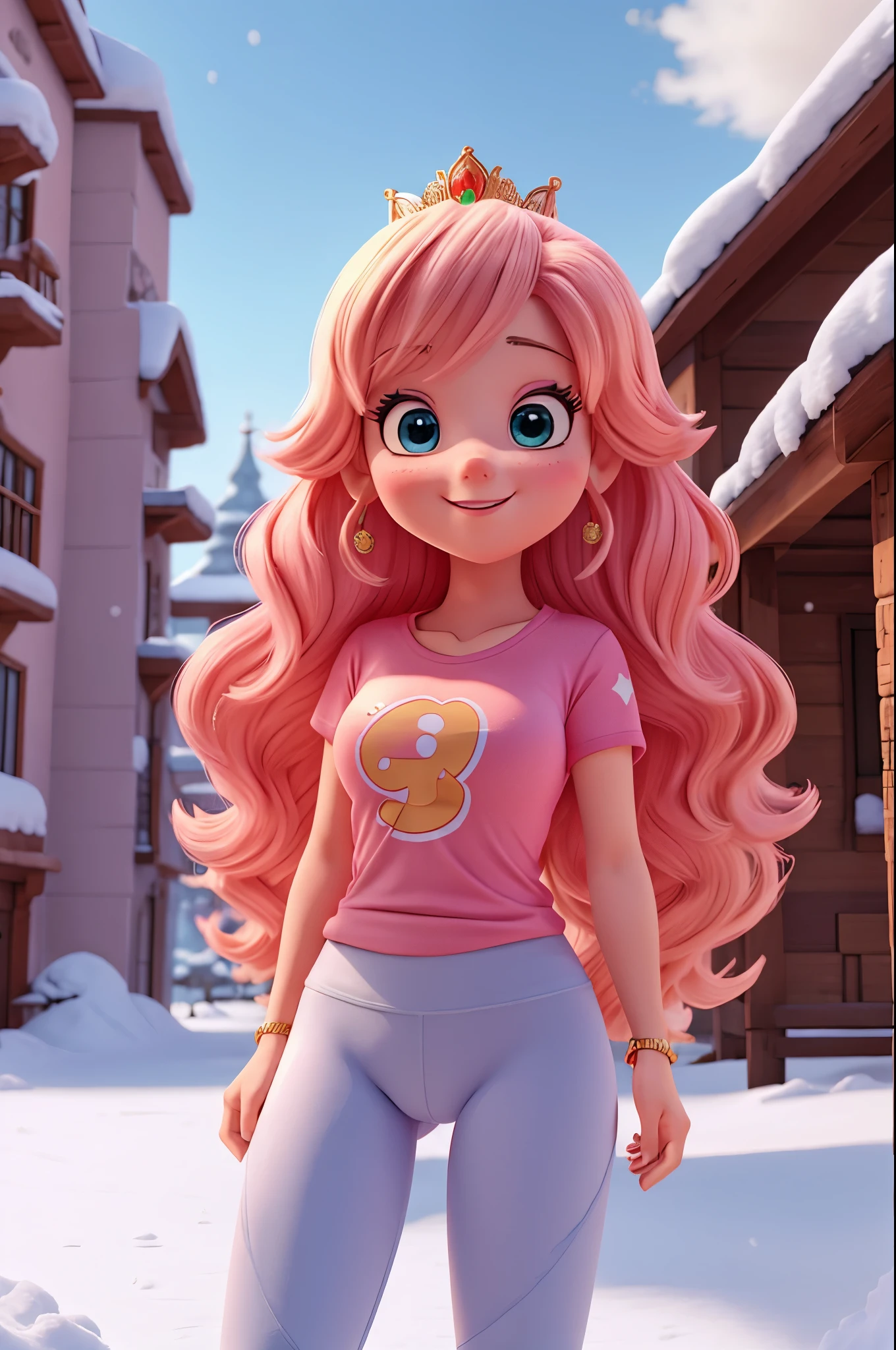 princess peach,yoga pants, t-shirt, in the snow,crotch view