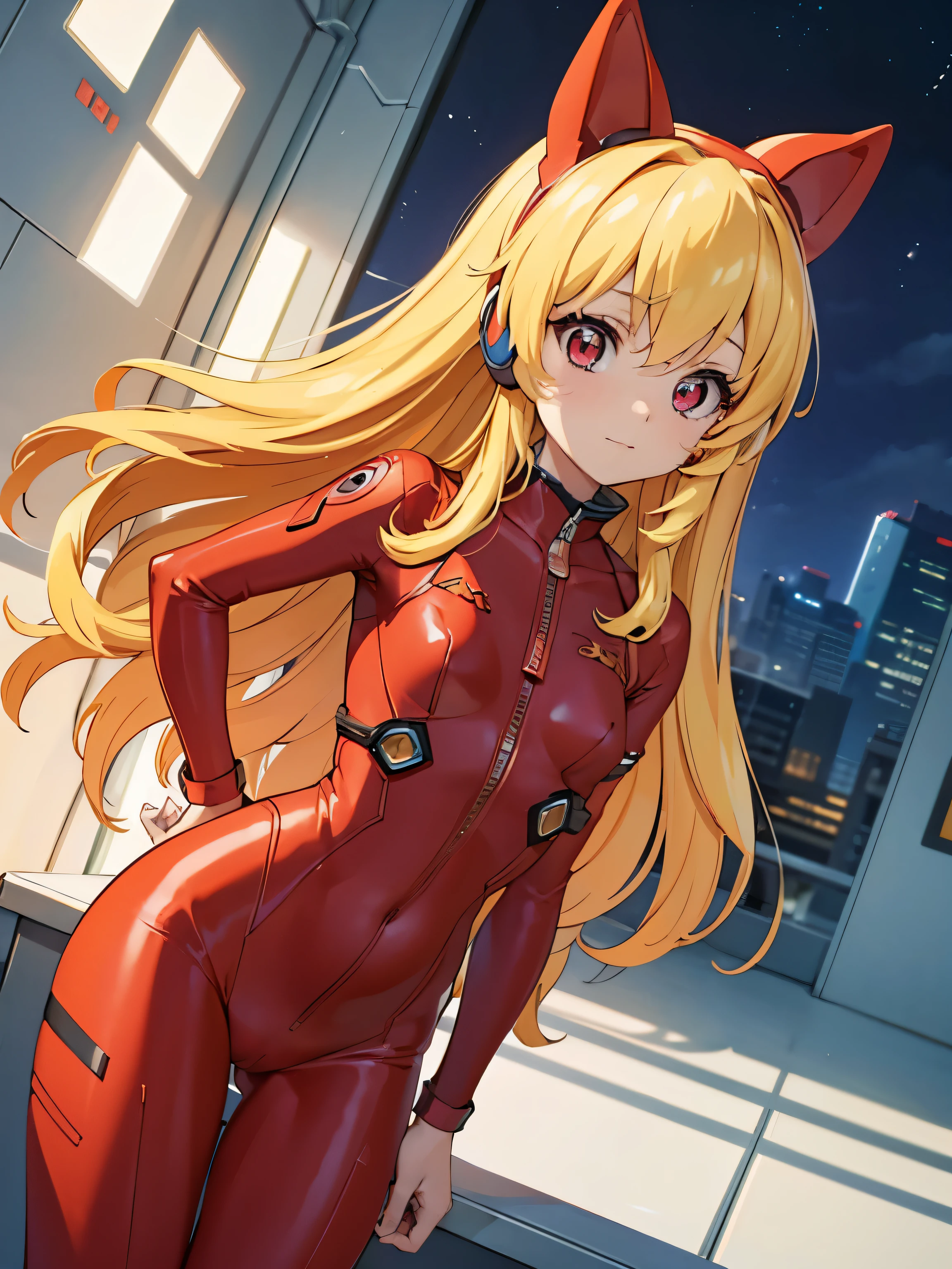(俯瞰figure),dynamic angle,super detailed, figure, close, straight, 1 girl, 
 ((Soryu Asuka Langley, interface headset, red bodysuit:1.4, blonde)),Her eyes shone like dream-like stars,(shining eyes:1.233),(beautiful and detailed eyes:1.1),(No expression,closed mouth),(Are standing), 
(Maintenance room with tools and spaceship windows inside a white spaceship),
(night:1.2),dream-like, [[delicate fingers and hands:0.55]::0.85],(finger details),