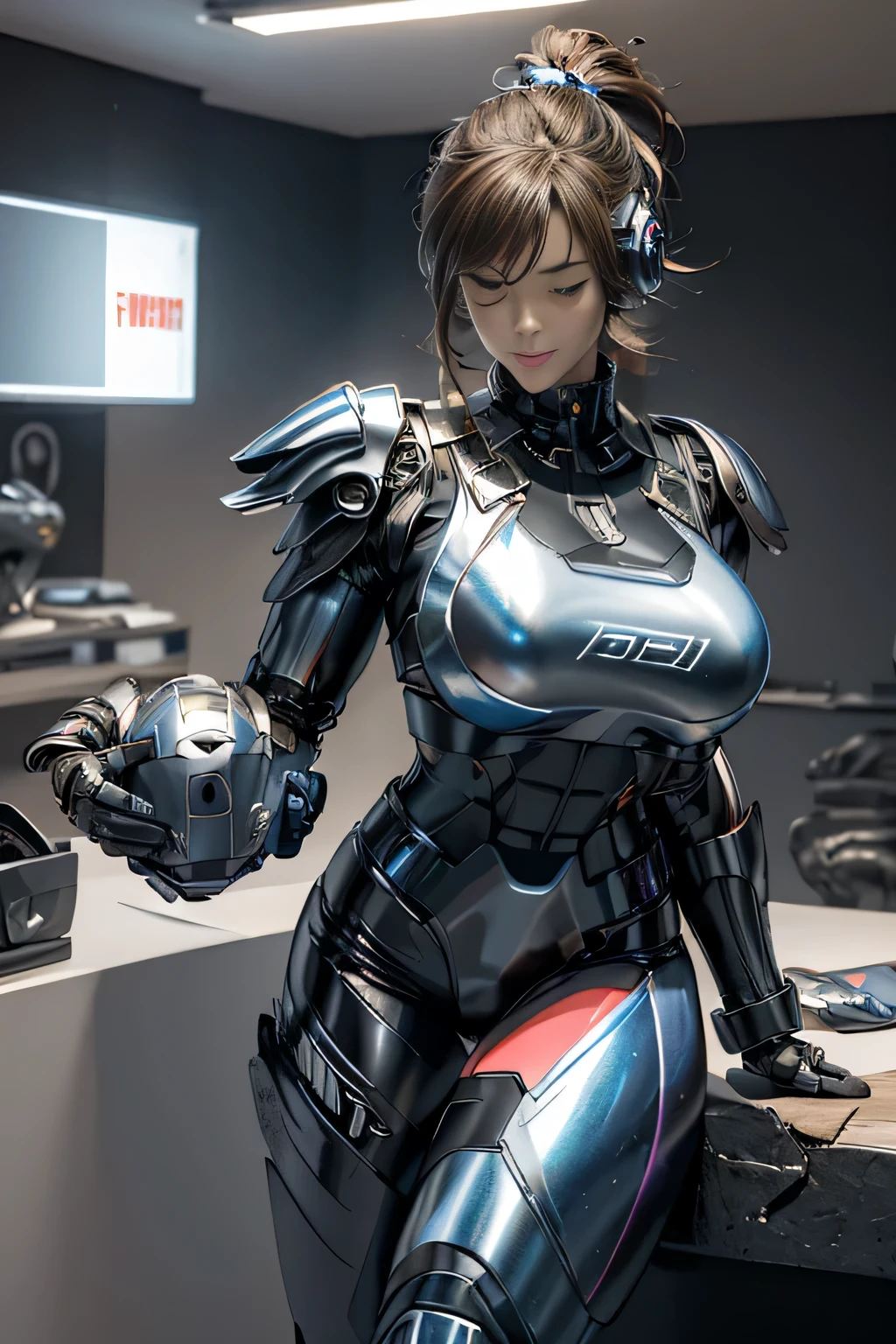 female robocop solo、Armor that completely covers the whole body、very large armor、helmet to hide eyes、rainbow armor、Armor that completely covers the chest、thin and long legs、Vibrant posel body view