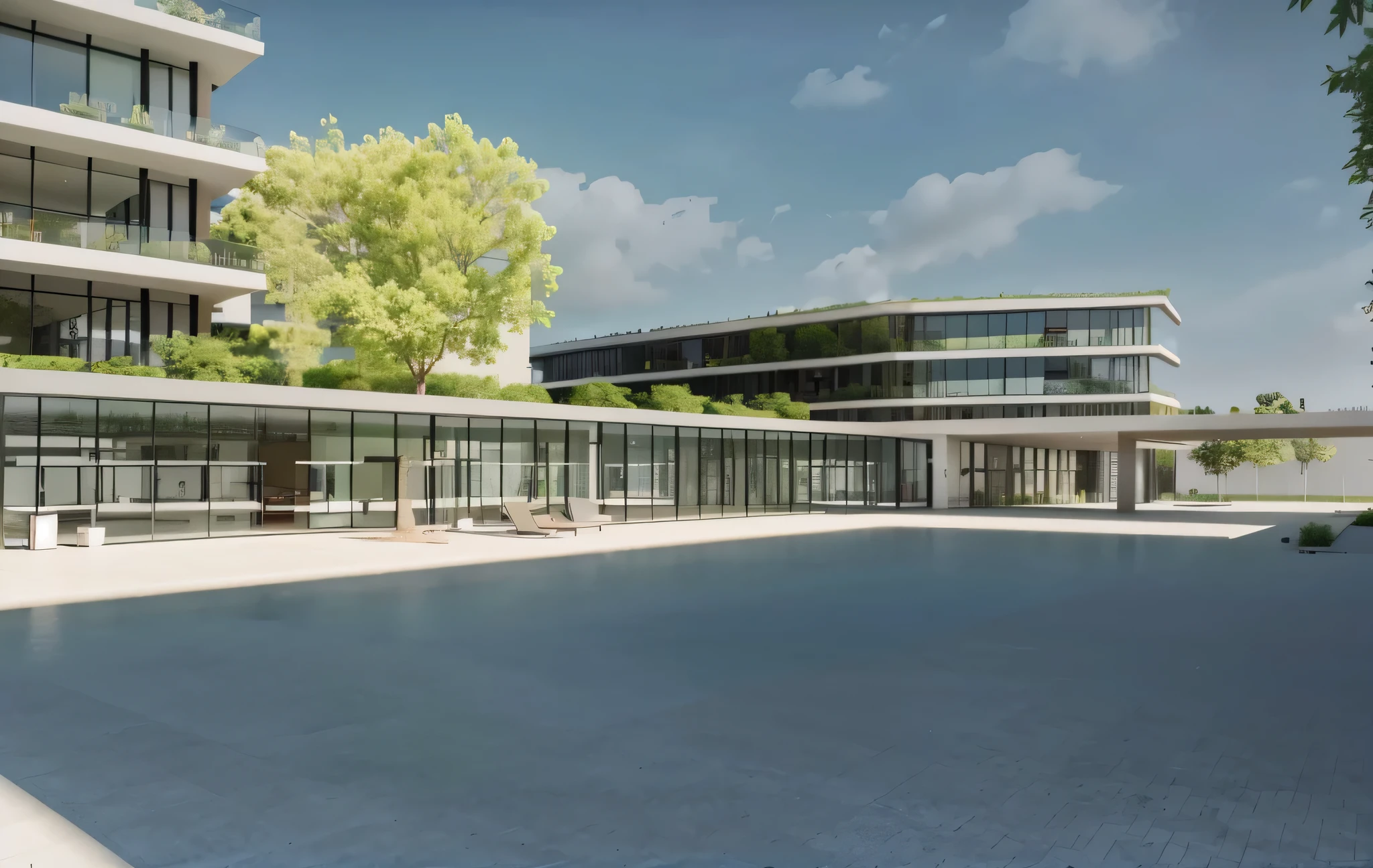 rendering of a modern office building with a courtyard and a tree, View at ground level, View at ground level, architectural rendering, View at ground level, architectural rendering, intermediate vision, architectural visualization, green terrace, renderizar coroa, escola'quintal, vue render, luminous renderinging, luminous rendering, view from ground level, grande angular exterior 2022