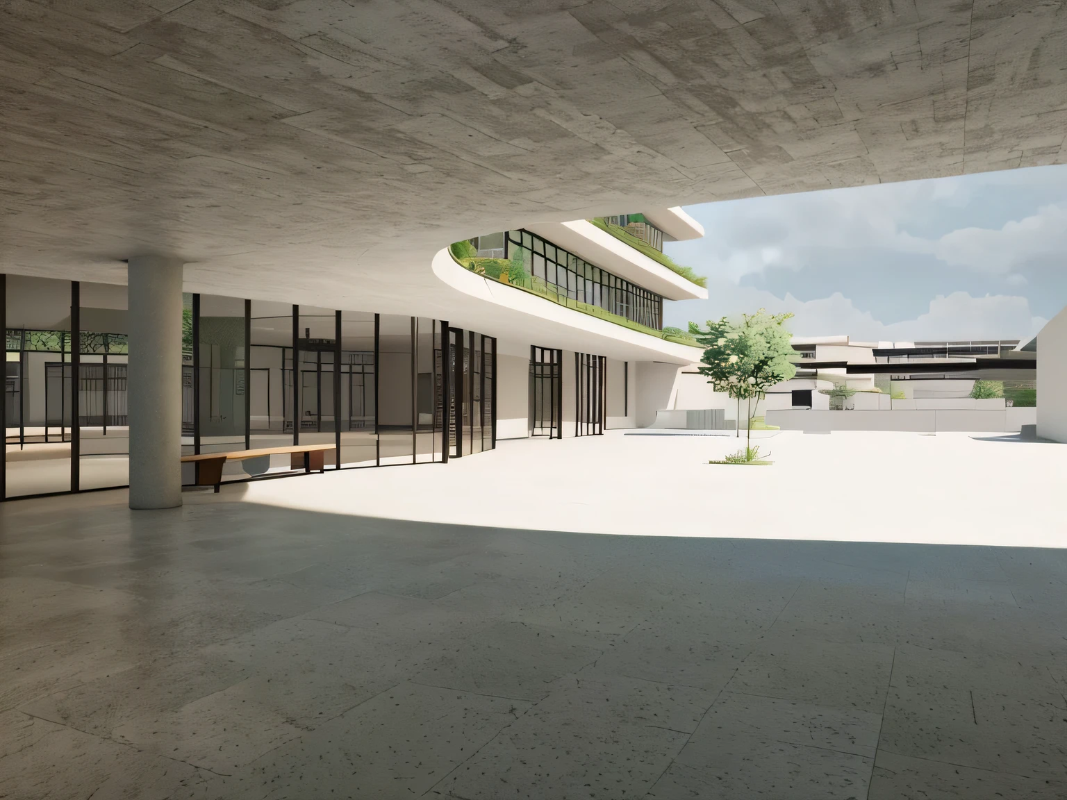 there is a large patio with a bench and a tree, View at ground level, View at ground level, View at ground level, architectural rendering, architectural rendering, detail rendering, architectural visualization, view from ground level, vue render, photographic rendering, architectural concept, Street level view, high detail rendering, renderizado em enscape, architectural renderinging, from street level, architectural visualization