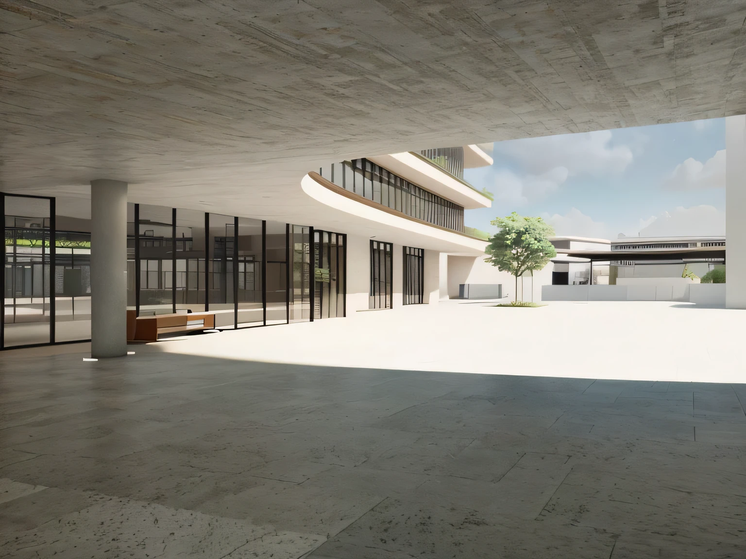 there is a large patio with a bench and a tree, View at ground level, View at ground level, View at ground level, architectural rendering, architectural rendering, detail rendering, architectural visualization, view from ground level, vue render, photographic rendering, architectural concept, Street level view, high detail rendering, renderizado em enscape, architectural renderinging, from street level, architectural visualization