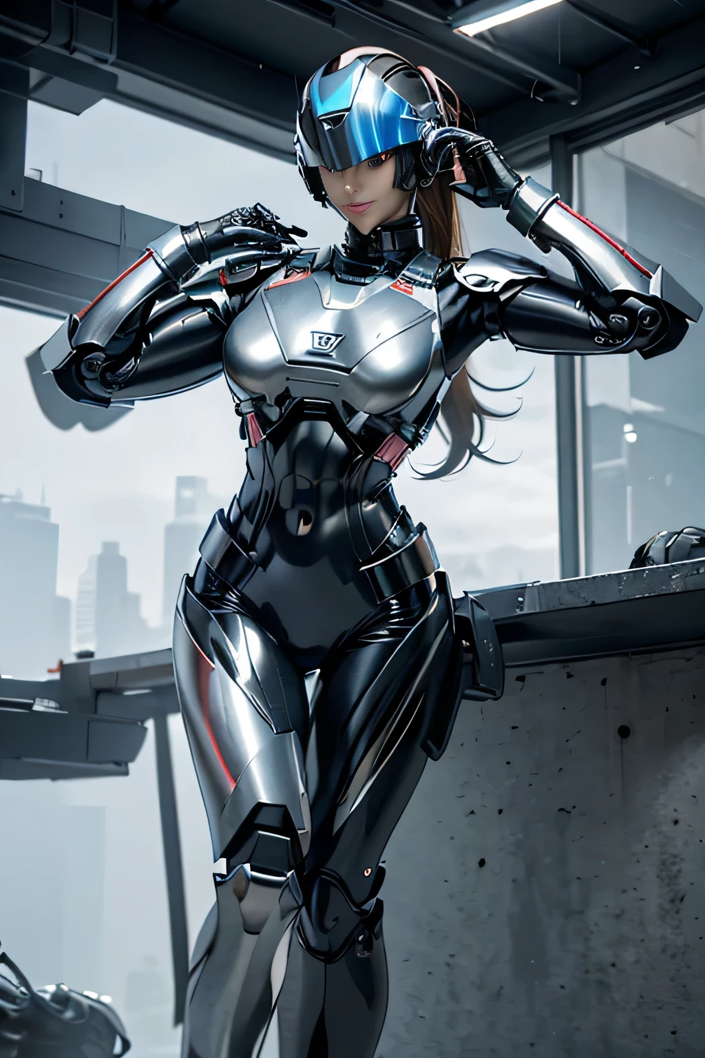 female robocop solo、Armor that completely covers the whole body、very large armor、helmet to hide eyes、rainbow armor、Armor that completely covers the chest、thin and long legs、Vibrant posel body view