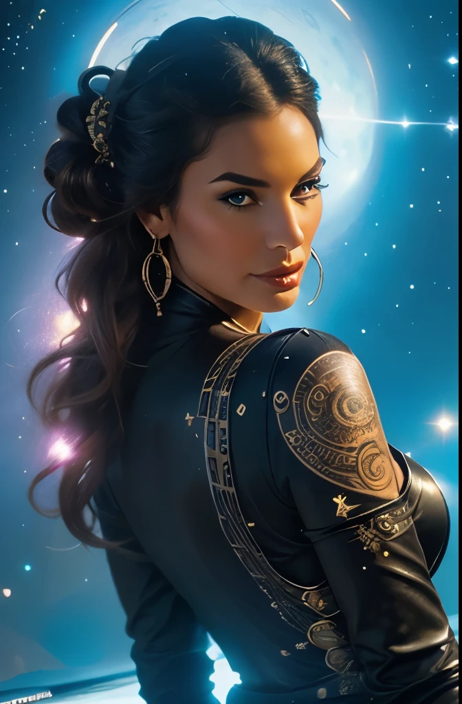 Imagine a fierce female pirate with cybernetic enhancements, her eyes gleaming with augmented reality displays, a metallic arm adorned with intricate tattoos of constellations. Behind her, a swirling black hole, its gravitational pull bending the stars.