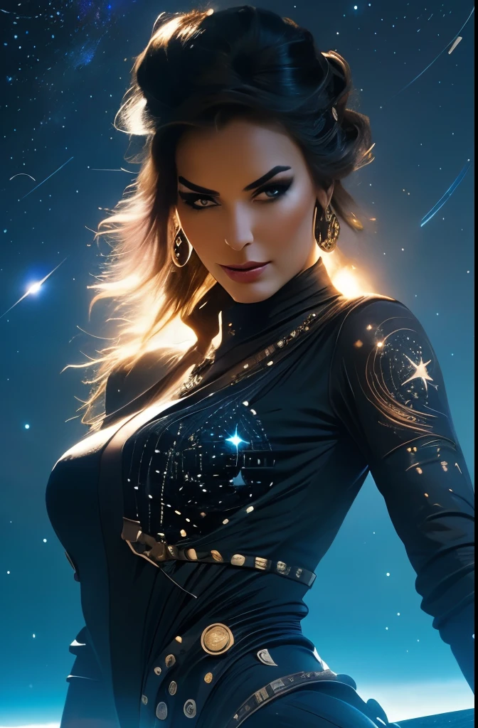 Imagine a fierce female pirate with cybernetic enhancements, her eyes gleaming with augmented reality displays, a metallic arm adorned with intricate tattoos of constellations. Behind her, a swirling black hole, its gravitational pull bending the stars.