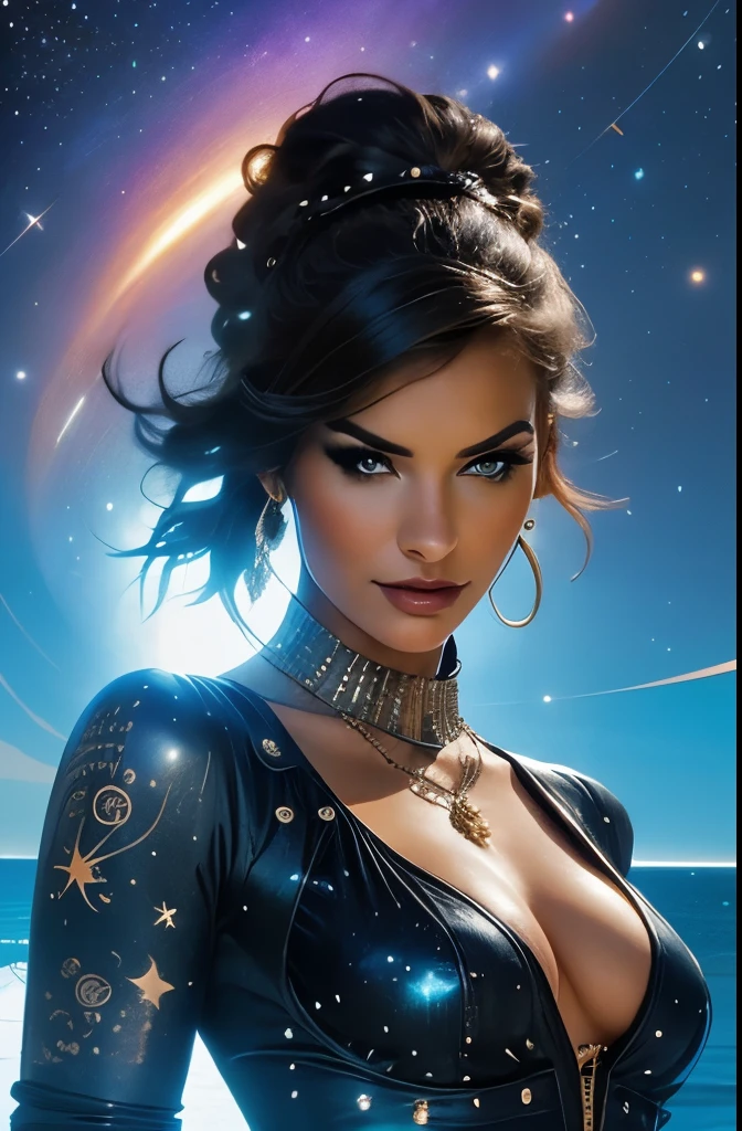 Imagine a fierce female pirate with cybernetic enhancements, her eyes gleaming with augmented reality displays, a metallic arm adorned with intricate tattoos of constellations. Behind her, a swirling black hole, its gravitational pull bending the stars.