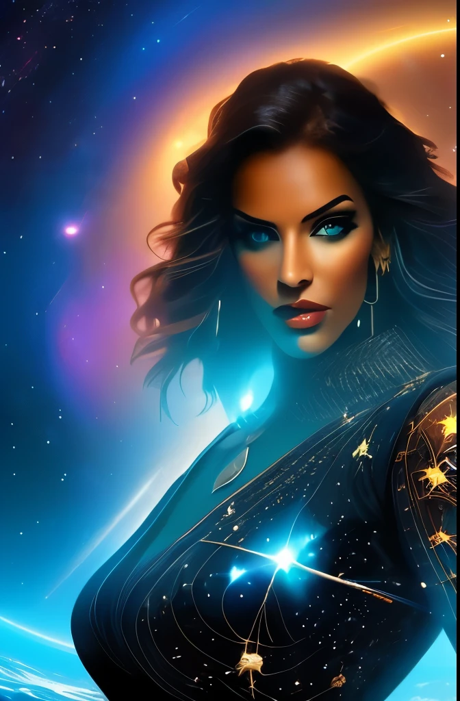 Imagine a fierce female pirate with cybernetic enhancements, her eyes gleaming with augmented reality displays, a metallic arm adorned with intricate tattoos of constellations. Behind her, a swirling black hole, its gravitational pull bending the stars.