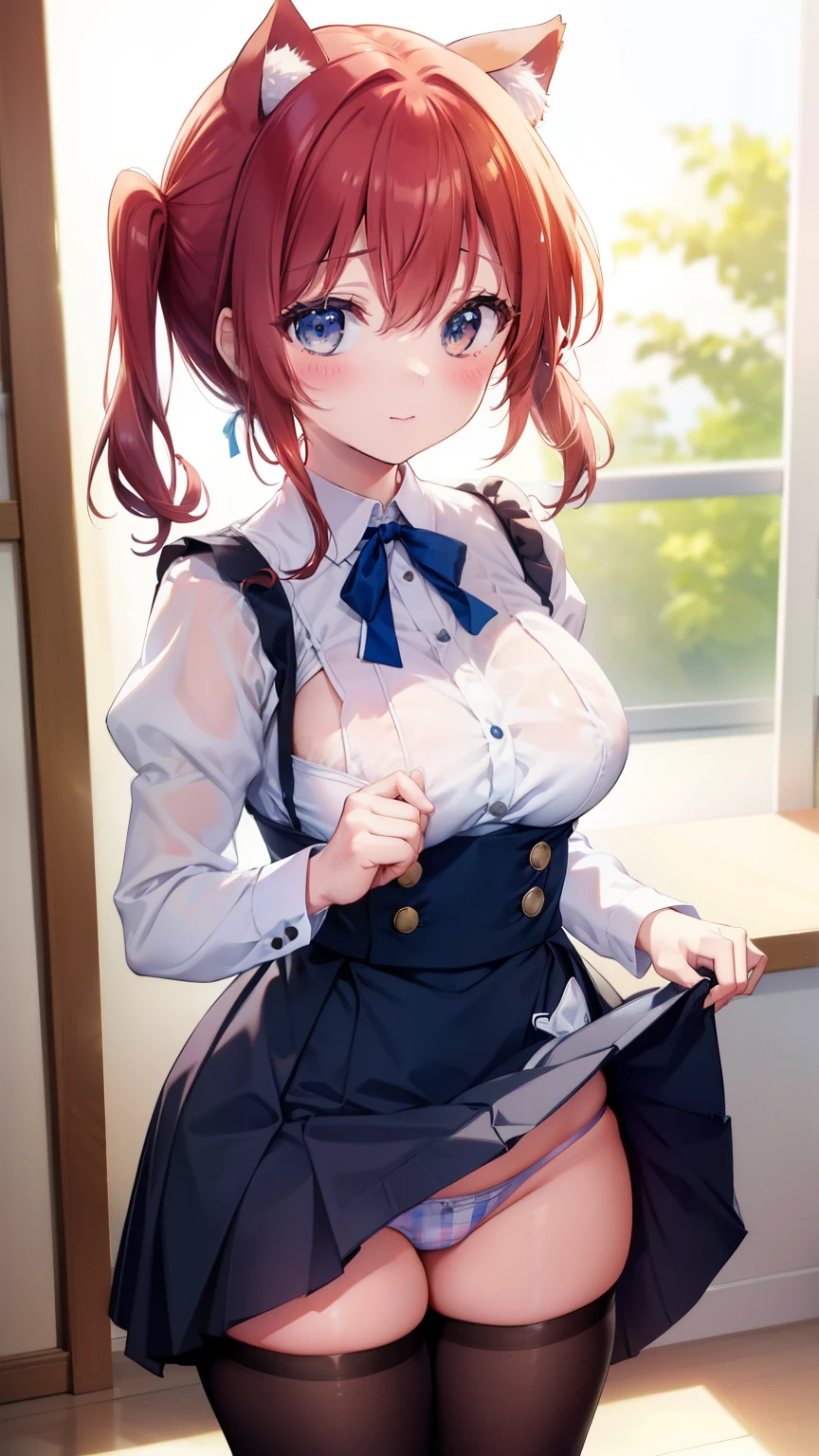 Ikuyo Kita、Bocchi The Rock!、table top、High resolution、many girls multiple girls、large crowd、lots of cute girls、big and full breasts、naughty body、See-through、throw、、whole body、Are standing、Look up at me、confused face、blush、black pantyhose、female shape'Private parts are clearly visible、I can see your nipples、white shirt、navy check skirt、micro mini skirt、very short skirt、Department store、shop、Many people々、in the crowd、bare chest、show your chest、from below、Low - Angle、while holding the tray、place the chest on the tray、Upper grade、A lot of milk comes out from the nipples、Breast milk gushes from the nipple、cat ears maid clothes、Blue gingham check maid uniform、cup with 、Breast milk drips from the nipple、Breasts wet with breast milk、The shape of a woman's private parts is clearly visible、view from a distance、calf、put your index finger to your mouth、skirt lift