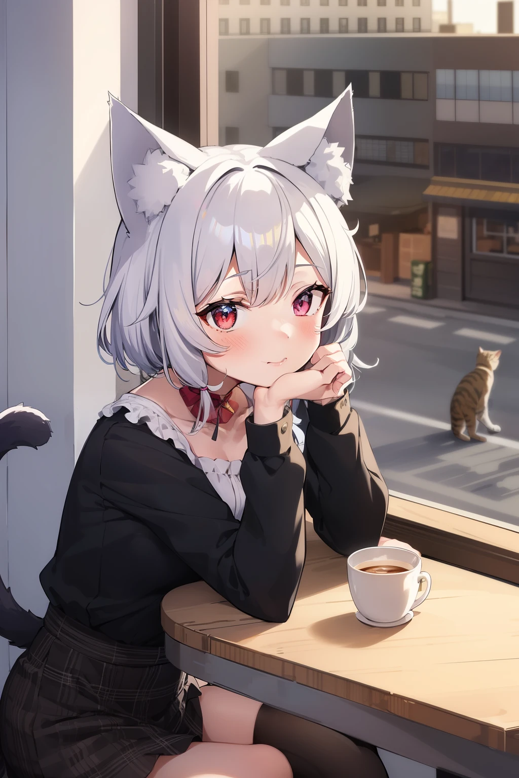 1girl, alone, I&#39;m in trouble, yakumo_Ran, anime_Coloring, animal ear, Cat_girl, Cat_ear、Cafe,By the window,rest one&#39;s chin on one&#39;s chin,Buildings on the background,white hair