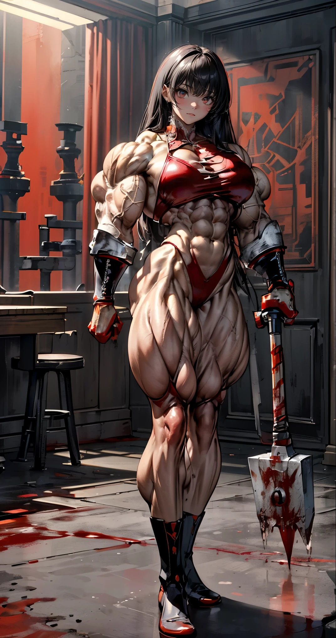 (best lighting) , (Extremely complex and detailed) , 4K unified, (Super detailed CG: 1.2) , (8k: 1.2),(The original), (masterpiece) , (best quality),(masterpiece:1.4),Anime-like high quality,(masterpiece),masterpiece, Super clear picture quality,clearer than,(delicate face)best quality, absurd,((peace master, 4k, 8k, Yes, high resolution))1个girl, female student,,(beautiful bass),((bodybuilder:1.6))(girl)(front:1),(miss),(((whole body:1)))whole body,boots(((((((Empty, dead hotel)))))))(((front:1))) (((front:1)))legs apart(((muscle texture)))(((Muscle details)))(((vascular structure)))(((anatomy))) (((front:1)))legs apart(((muscle texture)))(((Muscle details)))(((vascular structure)))(((anatomy)))(((Dark light and shadow))) (((((dark background)))))(((((Eyes bloody red light)))))(((Dark light and shadow))) (((((dark background)))))(((((Eyes bloody red light)))) (((Dark light and shadow))) (((((dark background)))))(((((Eyes bloody red light))))))(((((Murderous intent and bloodstains))))((((((Blood stains on the body and a dark smile))))))(((((Holding a super huge hammer))))) (((((Holding a super huge hammer))))) (((((Holding a super huge hammer))))) (((((Holding a super huge hammer)))))