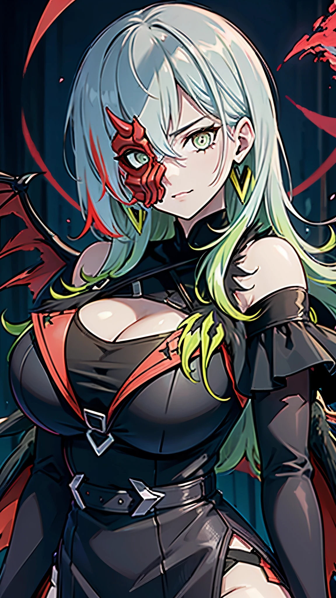(best quality,ultra-detailed),(((diabellstar the black witch))), Diabellstar, (olho verde claro), ((cabelo branco curto ponta verde claro)), olhar sexy, sorriso sedutor, ((Hand holding mask)), pose sexy, corpo detalhado, (corpo inteiro), medium size chest, bunda grande.