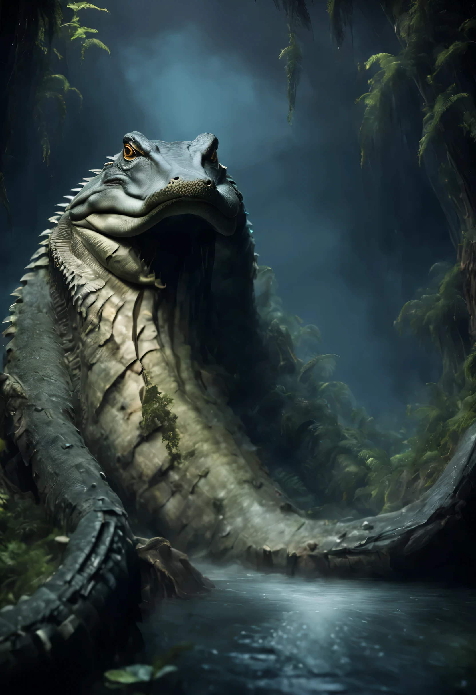 A big crocodile stood by the water in the dark forest.., It has arms and legs like the tentacles of a squid.., disgusting mutant flesh creature, scary, disgusting, Highly detailed, There are complicated details..., Portrait of a crocodile, Very high detail, Realistic photos, 8k, UHD, very detailed, (dynamic poses:1.4),