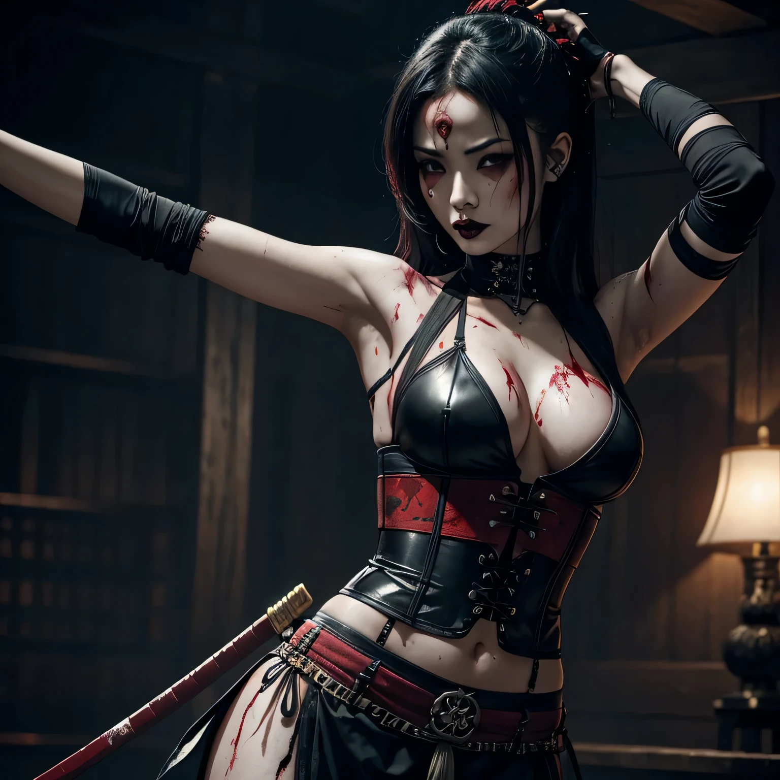 1 girl, sexy, beautiful samurai, katana, samurai, muscular abs, navel, fantasy, sensual, cropped corset goth top, beautiful asian goth girl, sexy, deep navel, heavy goth makeup, armpit, fighting, sweaty skin, navel pierced, blood, wounded, undead, red blood, horror, goth horror, samurai, near death, injured, tired, goth horror, horror, haunted, dripping blood, blood painted skin