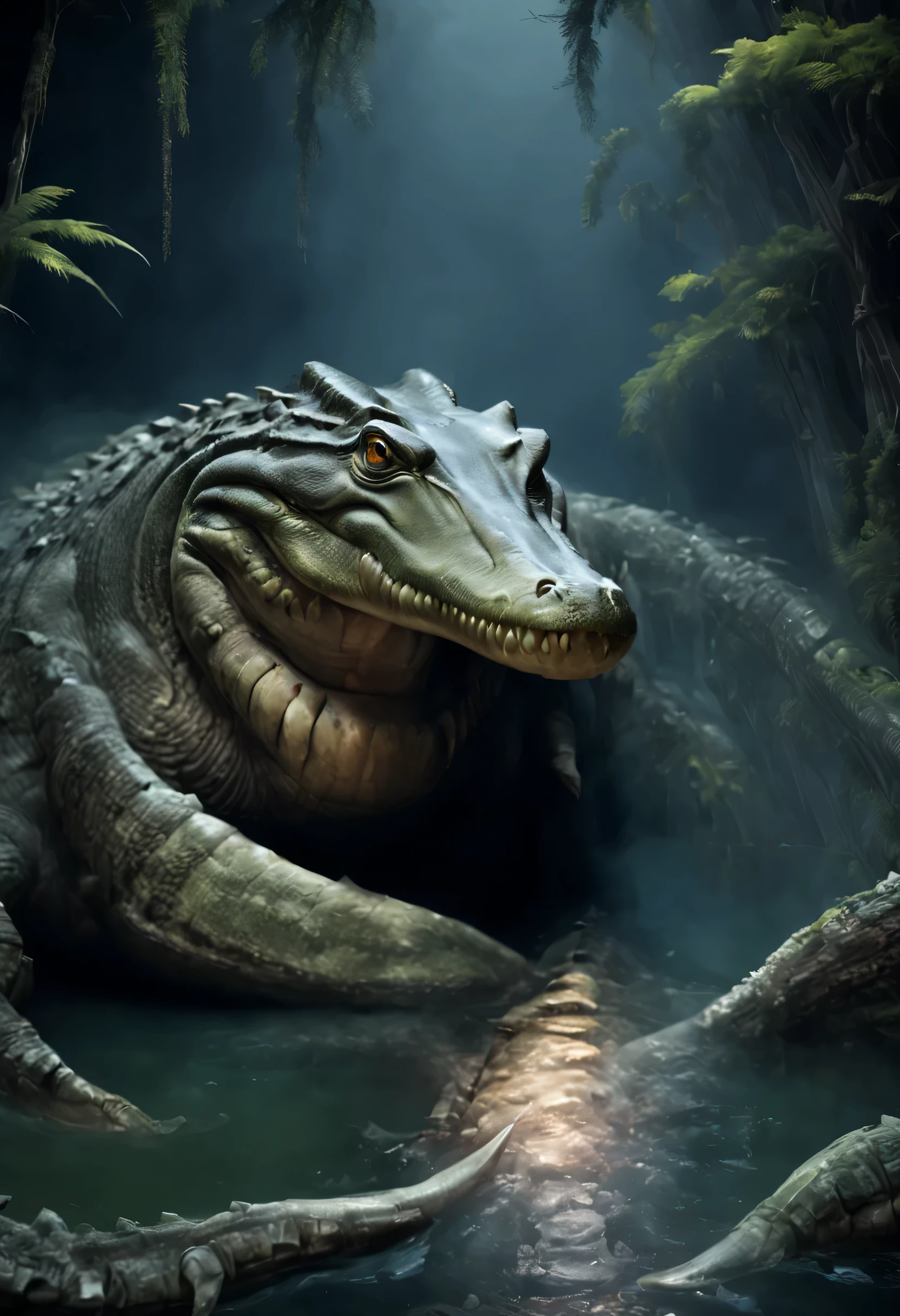 A big crocodile stood by the water in the dark forest.., It has arms and legs like the tentacles of a squid.., disgusting mutant flesh creature, scary, disgusting, Highly detailed, There are complicated details..., Portrait of a crocodile, Very high detail, Realistic photos, 8k, UHD, very detailed, (dynamic poses:1.4),