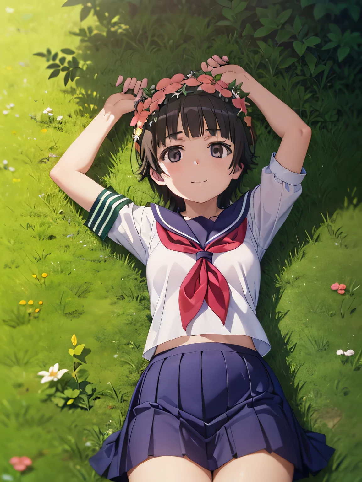 (((pixel-perfect, detail-perfect))), solo, 1girl, uiharu kazari, sakugawa school uniform, armband, looking at viewer, solo, cowboy shot, lying, on back, on grass, spread arms, expressionless, shy smile, arms up, closed mouth, 