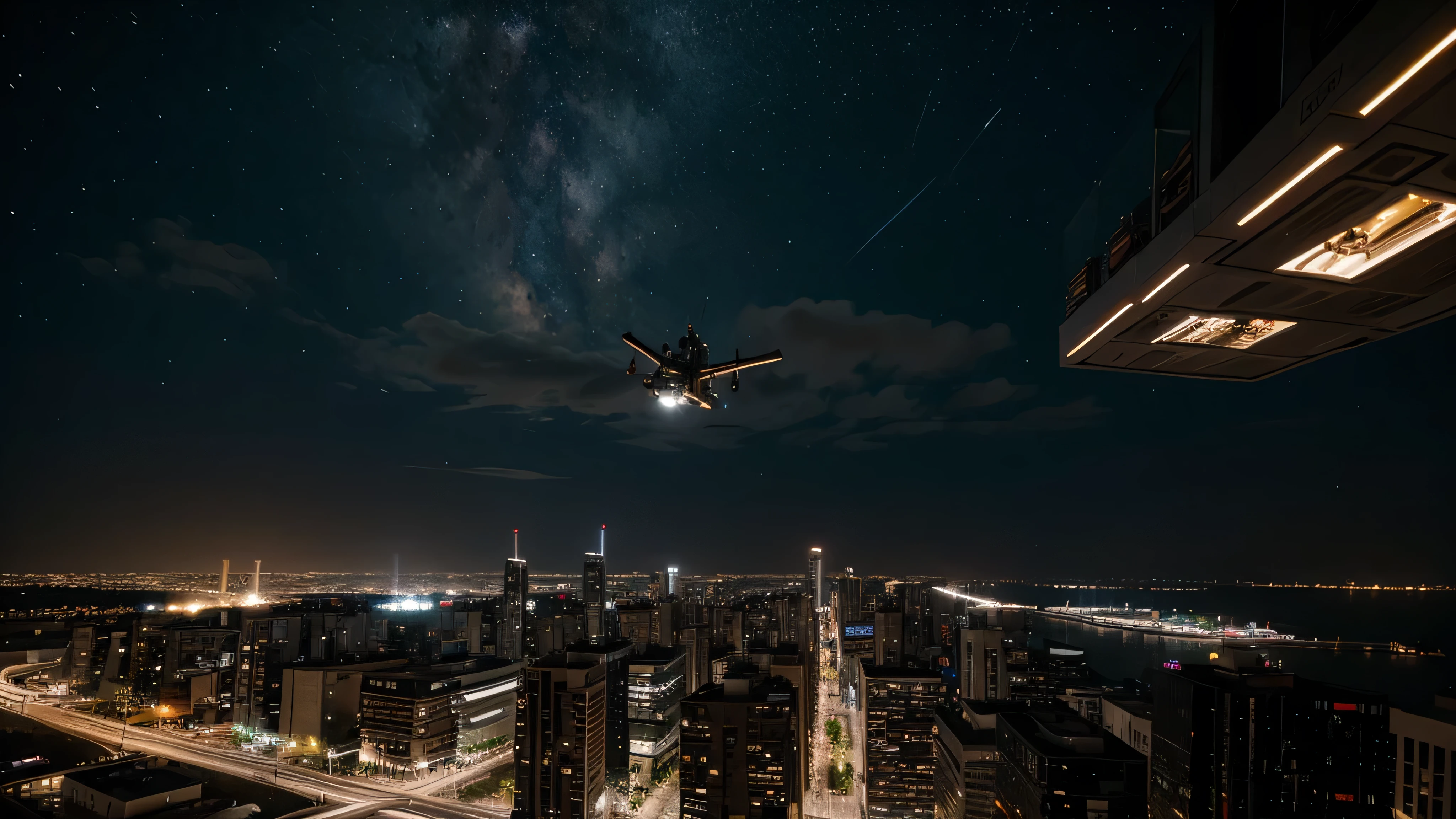 Crea una imagen de una ciudad futurista, with flying vehicles, muchos letreros luminosos sobre los edificios, Large buildings that defy gravity under a starry night
