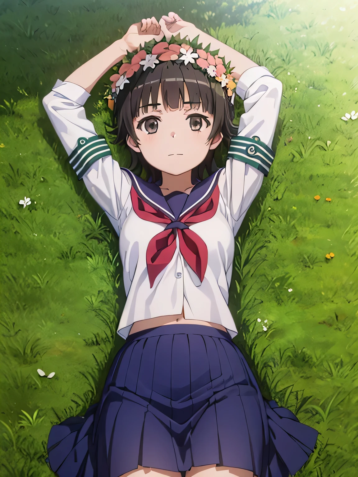 (((pixel-perfect, detail-perfect))), solo, 1girl, uiharu kazari, sakugawa school uniform, armband, looking at viewer, solo, cowboy shot, lying, on back, on grass, spread arms, expressionless, shy smile, arms up, closed mouth, 