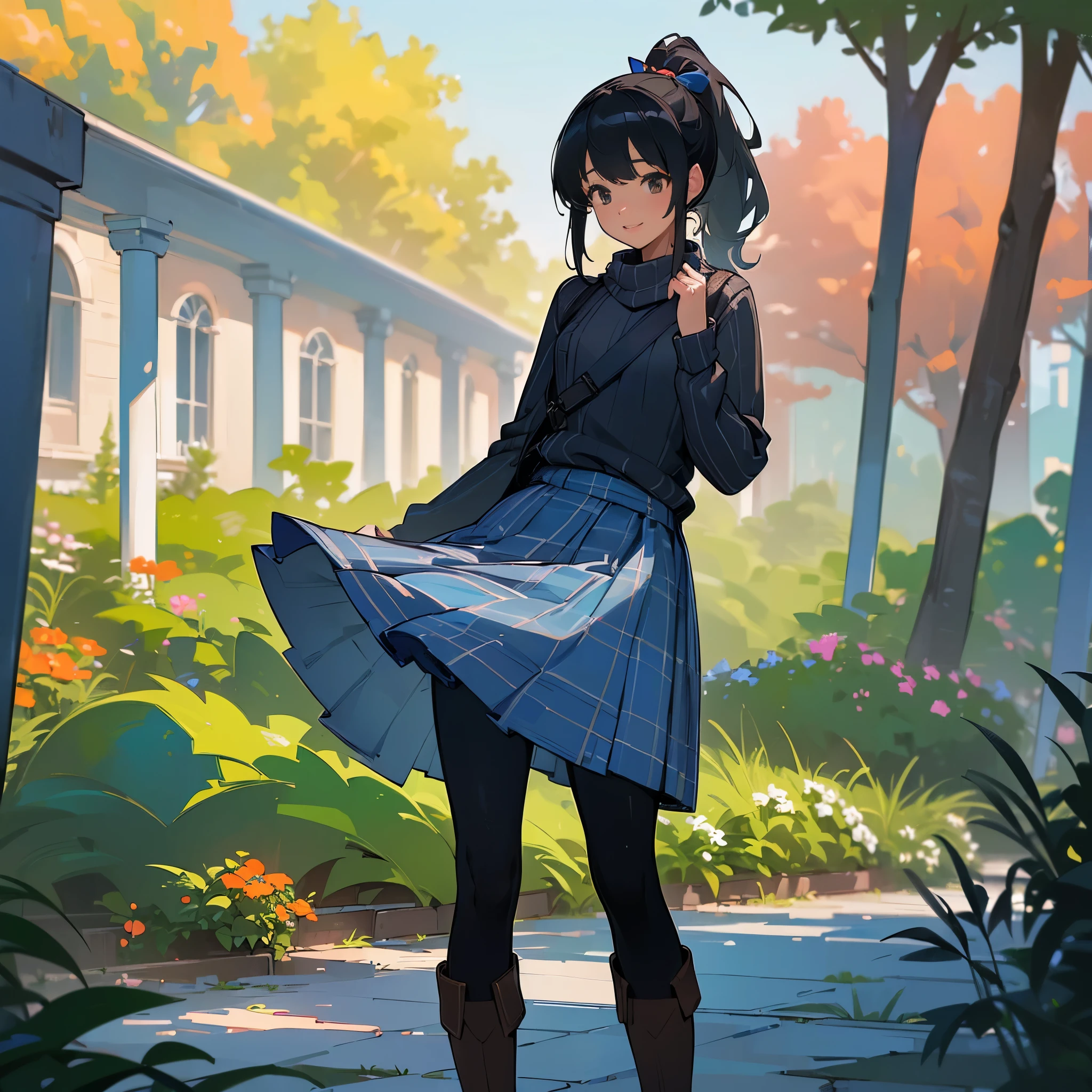 (high quality, high resolution, Super detailed, Reality:1.37), peaceful atmosphere, (outdoor, garden), teenage girl standing alone, (big chest.), beautiful detailed features, cute smile, (black hair ponytail), ribbed sweater, blue plaid skirt, black tights, brown boots.