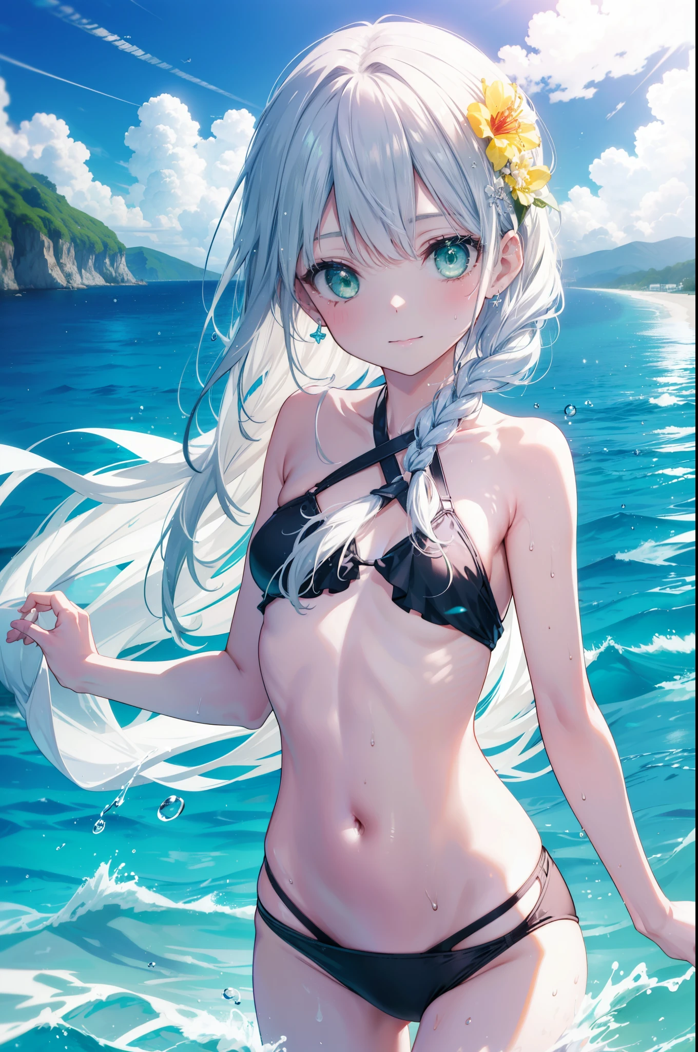 index, index, (green eyes:1.5), silver hair, long hair, (flat chest:1.2),short braided hair,shoulder length and short braids,in a bikini splashes seawater, hibiscus hair ornament,smile,Bend over and pour water on the viewer, black bikini, beachで, 太陽が降り注ぐin the sea, Sunlight is reflecting、light reflection、realistic bikini, in the sea, water droplets、swimsuit, Also, cute bikini, in a bikini, swimsuit, beachで, medium breasts, swim, in the sea,
break looking at viewer, Upper body, whole body,
break outdoors, seaside,sandy beach,beach,
break (masterpiece:1.2), highest quality, High resolution, unity 8k wallpaper, (figure:0.8), (detailed and beautiful eyes:1.6), highly detailed face, perfect lighting, Very detailed CG, (perfect hands, perfect anatomy),