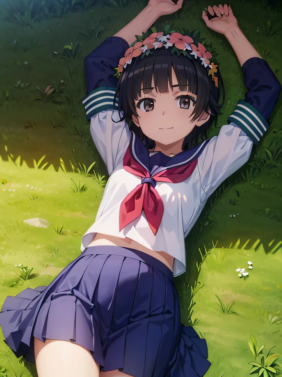 (((pixel-perfect, detail-perfect))), solo, 1girl, uiharu kazari, sakugawa school uniform, armband, looking at viewer, solo, cowboy shot, lying, on back, on grass, spread arms, expressionless, shy smile, arms up, closed mouth, 