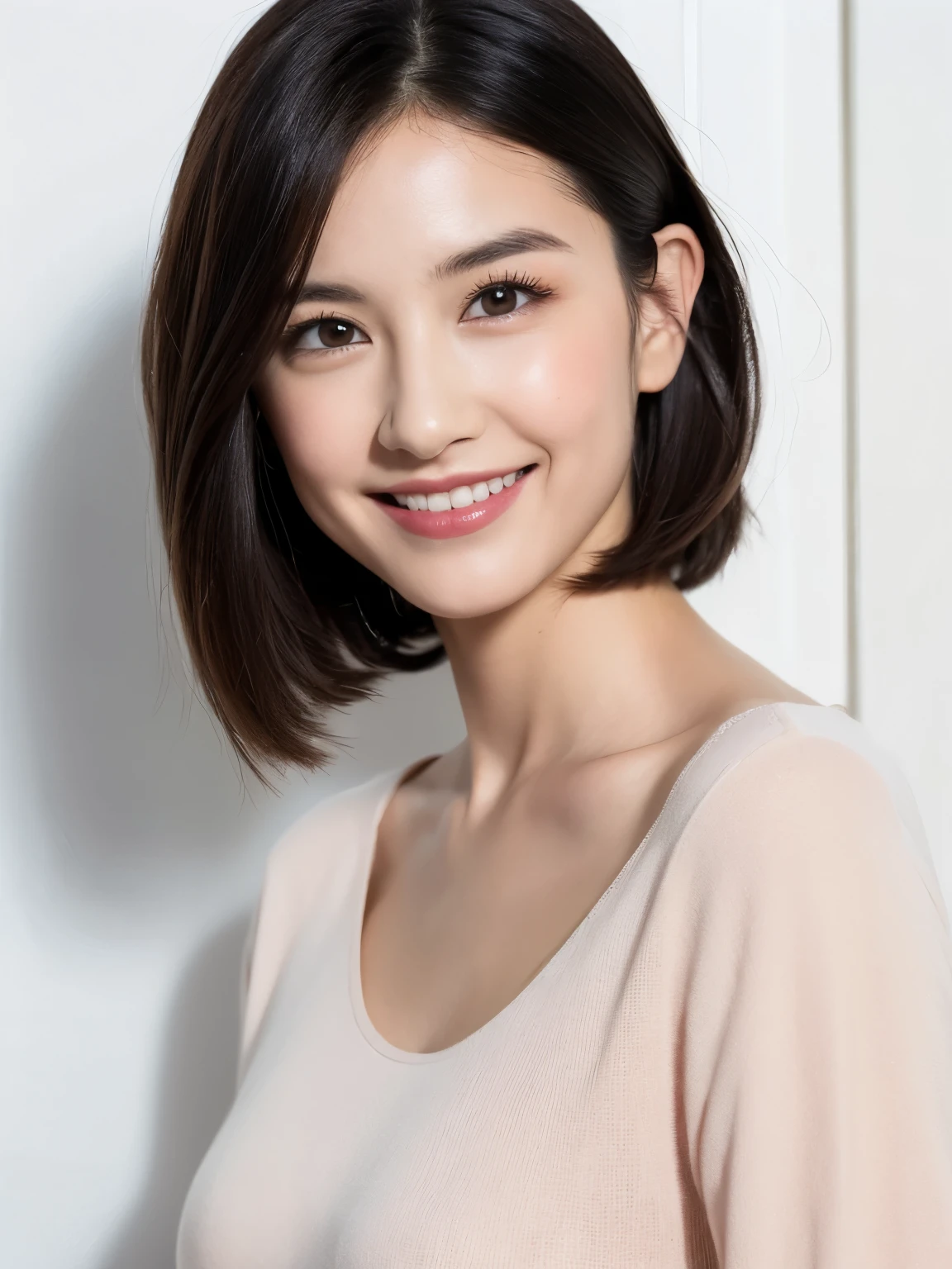 masterpiece、highest quality、high detail、1 female、(Photoreal:1.4)、solo、Natural Human Skin、white background、turn to the side、don't look at the camera、round face、long sleeve shirt、Taken in front of the white door、short hair、close your mouth、Smile、smile happily、beautiful black hair、length、Big eyes、Clear double eyelids、eyelash、long neck、((Upper body, ))、(cap、Draw all the shoulders)、attractive proportions、glowing skin、beautiful clavicle、golden ratio face、Tears mole、lip gloss、thin lips、white skin