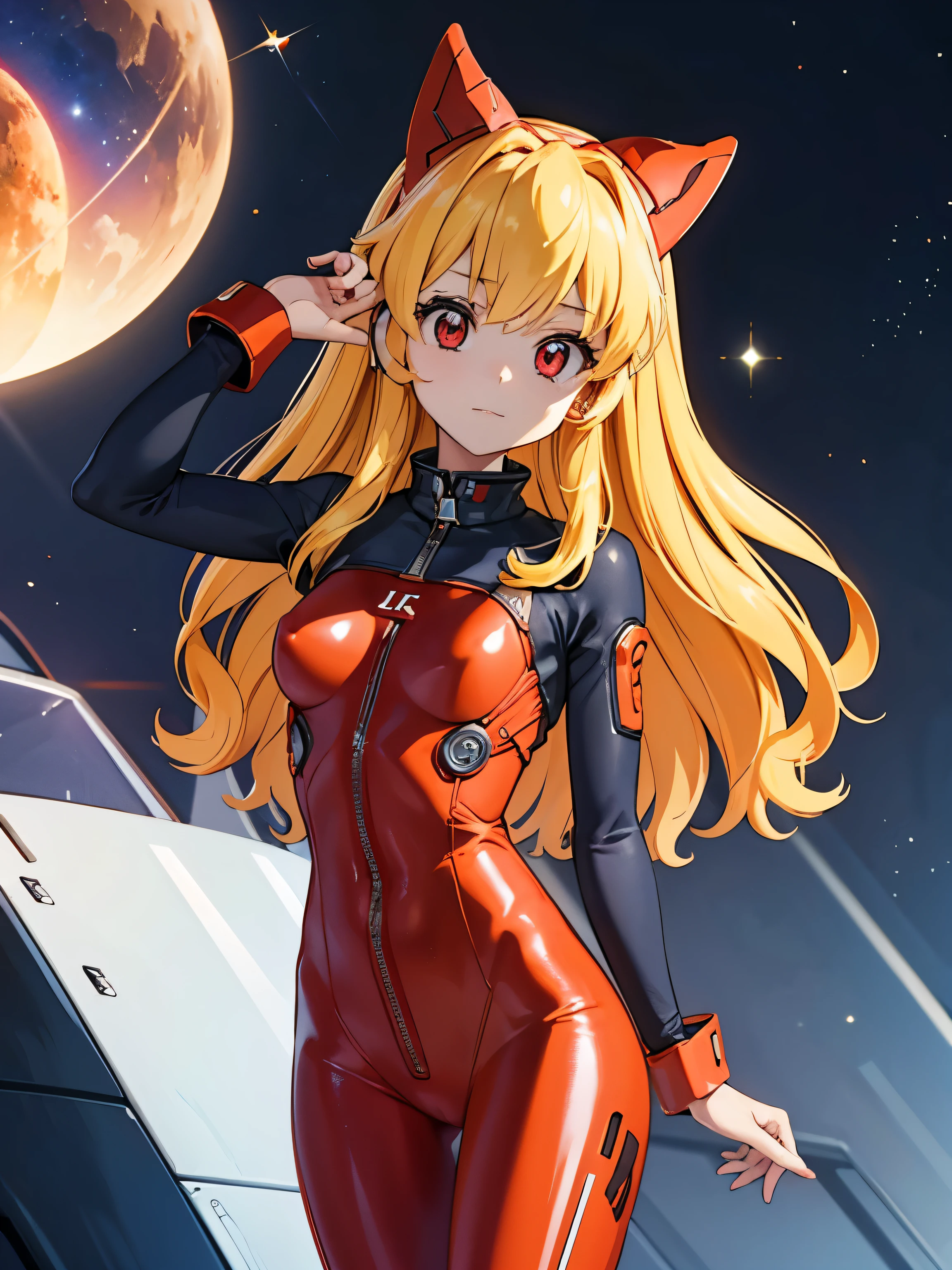 (俯瞰figure),dynamic angle,super detailed, figure, close, straight, 1 girl, 
 ((Soryu Asuka Langley, interface headset, red bodysuit:1.4, blonde)),Her eyes shone like dream-like stars,(shining eyes:1.233),(beautiful and detailed eyes:1.1),(No expression,closed mouth),(Are standing), 
(Maintenance room with tools and spaceship windows inside a white spaceship),
(night:1.2),dream-like, [[delicate fingers and hands:0.55]::0.85],(finger details),