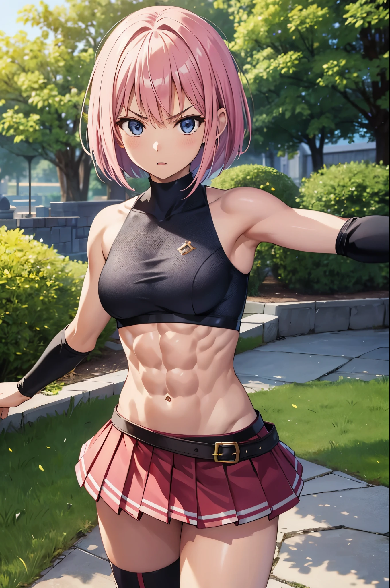 masterpiece, best quality, ultra detailed, ultra high resolution, very detailed face, solo, anime, fantasy world, girl, pink bob hair, fantasy costume, short pleated skirt, fighting pose, small breast, slim and tall body, raised bicepts, (six pack abs:1.2), little angry, close mouth, on the field, outdoor