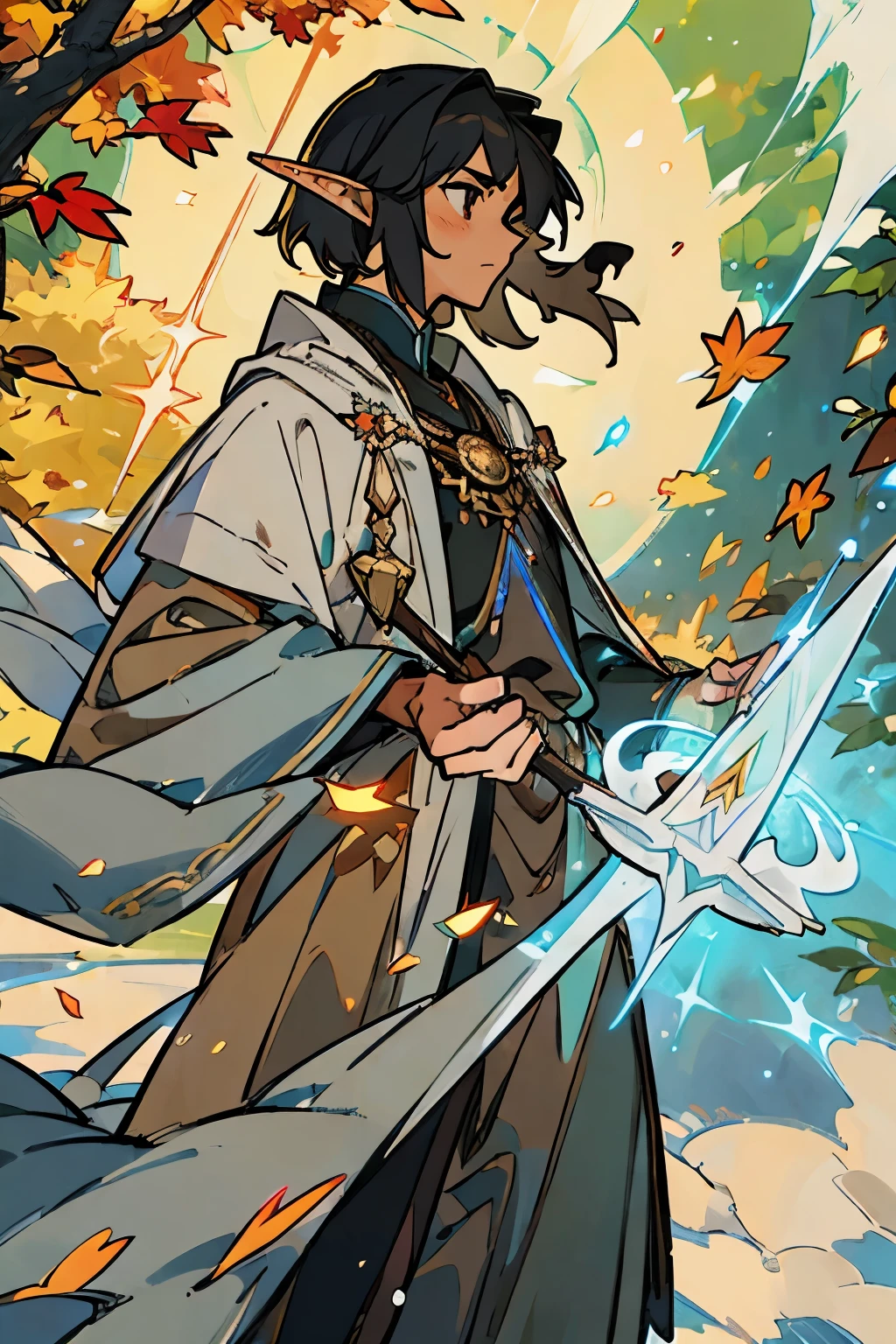 (best quality, realistic:1.37), male , elf, wizard, black hair, tan skin, glowing brown eyes, elegant robe, mystical aura, enchanted staff, magical forest background, autumn leaves swirling in the air, rays of soft sunlight filtering through the trees