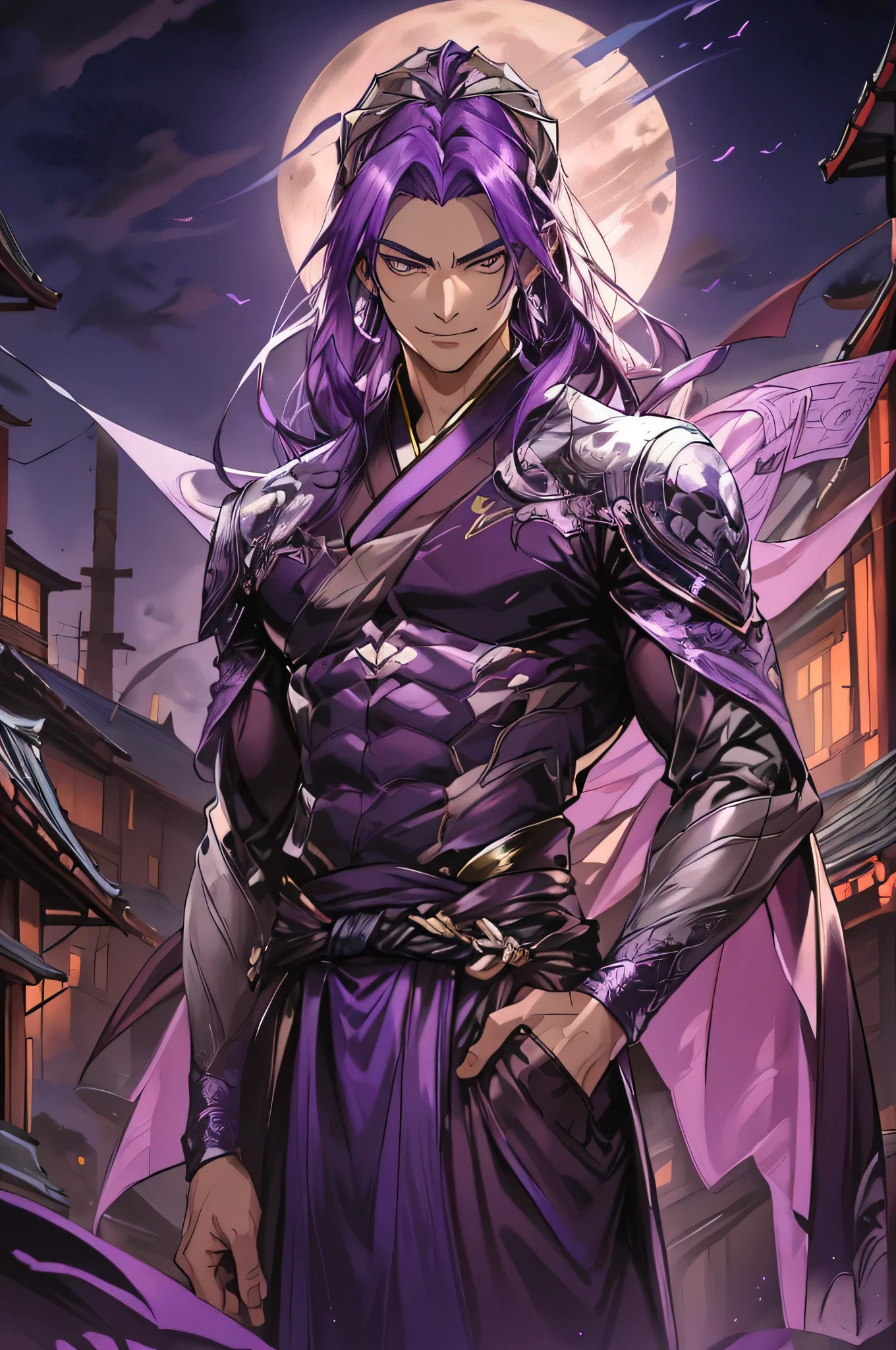 personagem de anime com cabelo roxo e capa roxa na frente da lua cheia, handsome guy in demon slayer art, cute japanese demon boy, por Yang J, artegerm extremamente detalhado, estilo de artegerm, ! sonho artegerm, Silas, artegerm. anime illustration, lindo deus masculino da morte, artegerm no artstation pixiv