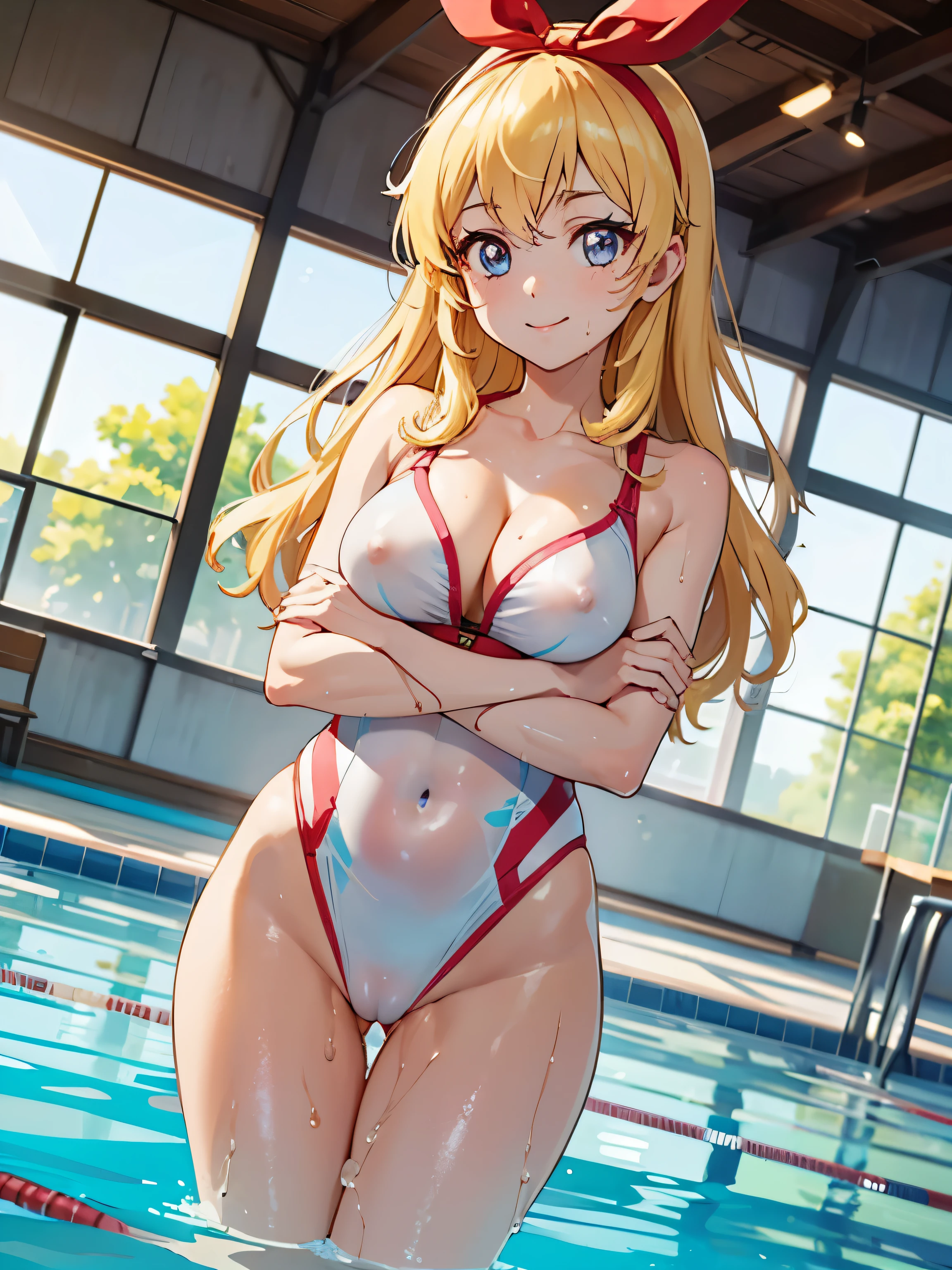 aikatsu,masterpiece, highest quality, ((beautiful be familiar with eyes):1.3), 10 , blue eyes, blonde hair,straight hair, leg hair ribbon, red headband,big_tits, ((タイトでブリリアントな光沢のある競泳water着:1.2, plunging neckline, belly button pops out, cleavage)), ((It&#39;s a very delicate and beautiful fabric.):1.3), looking at the viewer, ((sculpture pose, crossed arms, under the chest)), fascinating_orgasm smile, blush, thin, slim, (indoor pool, pool lane, swimming pool, competition pool, pool starting blocks, water泳棟, water, water surface, daytime, window, sunlight, (to the pool):1.2), very clear, ((masterpiece, highest quality, ultra-be familiar with):1.5), ((very delicate and beautiful)), ((((figure)))), (realistic:0.6), (extremely be familiar with skin), ((ultra-be familiar with:1.35)), (be familiar with_pussy:1.2), (be familiar with_nipple:1.2), be familiar with fingers, disorganized, Complex, (1 girl), ((alone)), ((glowing skin)), (((oily skin))), ((wet skin)),