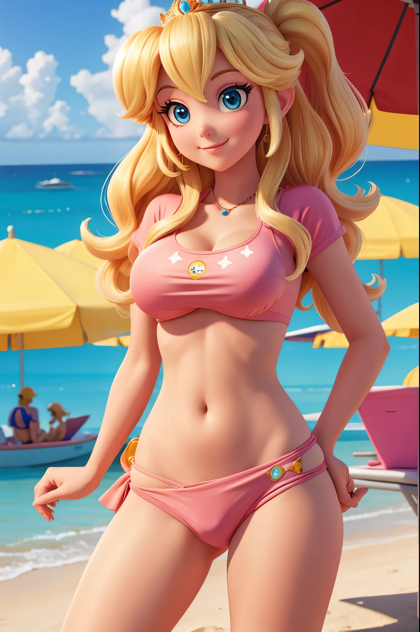 princess peach,bikini, t-shirt, in the beach,crotch view,flat chest