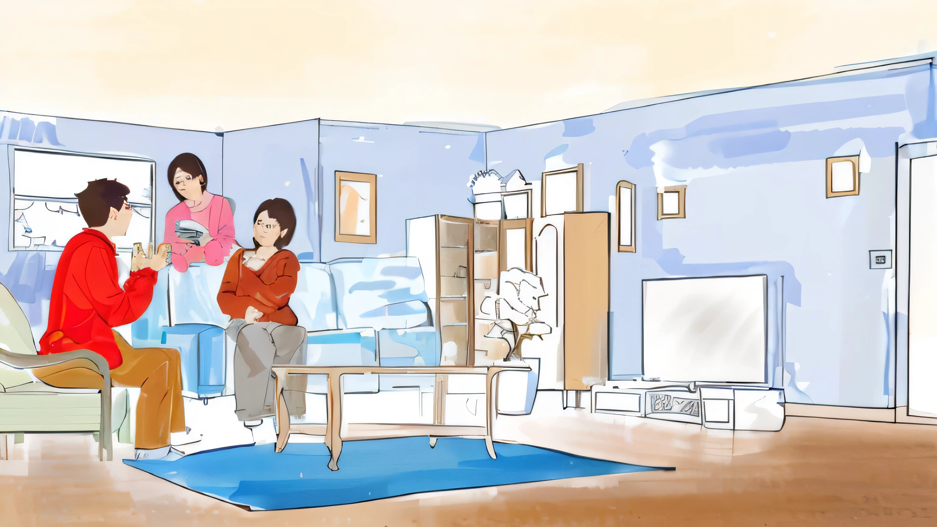 a drawing of a family sitting in a living room together, detailed 2d illustration, in a living room, colorkey scene, animation still, animatic, keyframe illustration, animated still, 2d illustration, concept illustration, 2 d illustration, intense line art, whole page illustration, indoor scene, animation illustrative style, commercial illustration, cut-scene