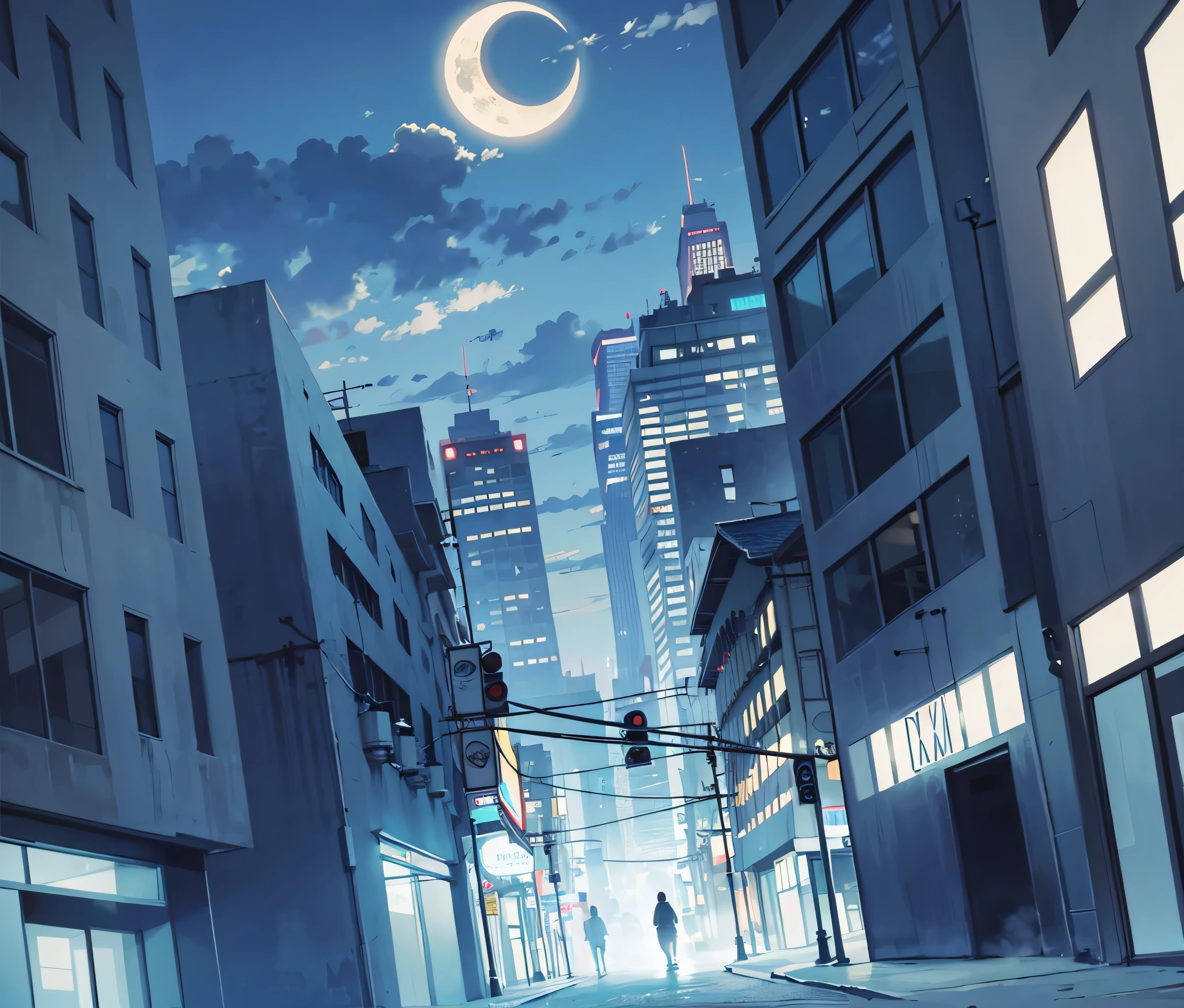 (masterpiece:1.2, best quality), (intricate details), background, foggy city street, crescent moon, buildings