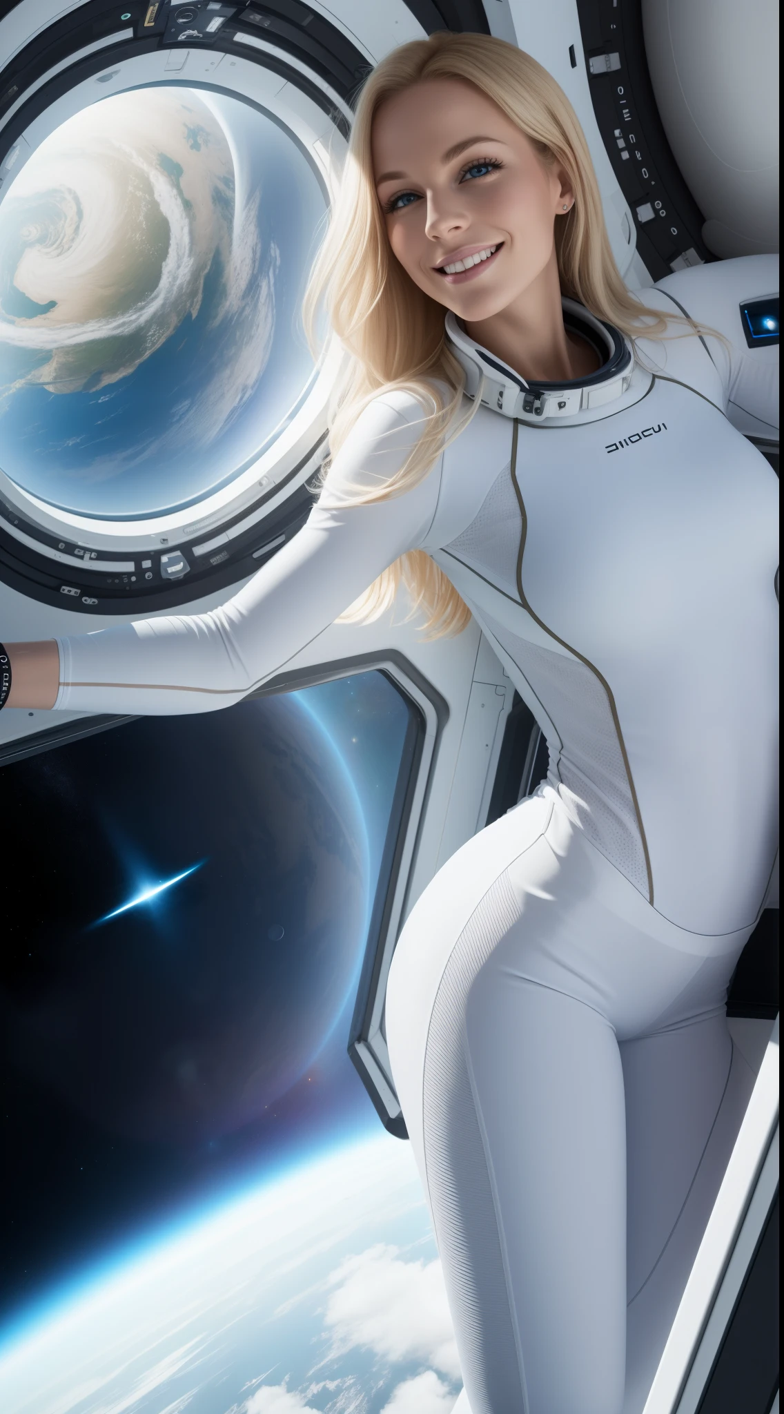 Blonde german woman, wearing a futuristic completely white tight clothes floating in a spaceship  beholding the space by a big window, contemplative face, light smile, floating hair, space, microgravity