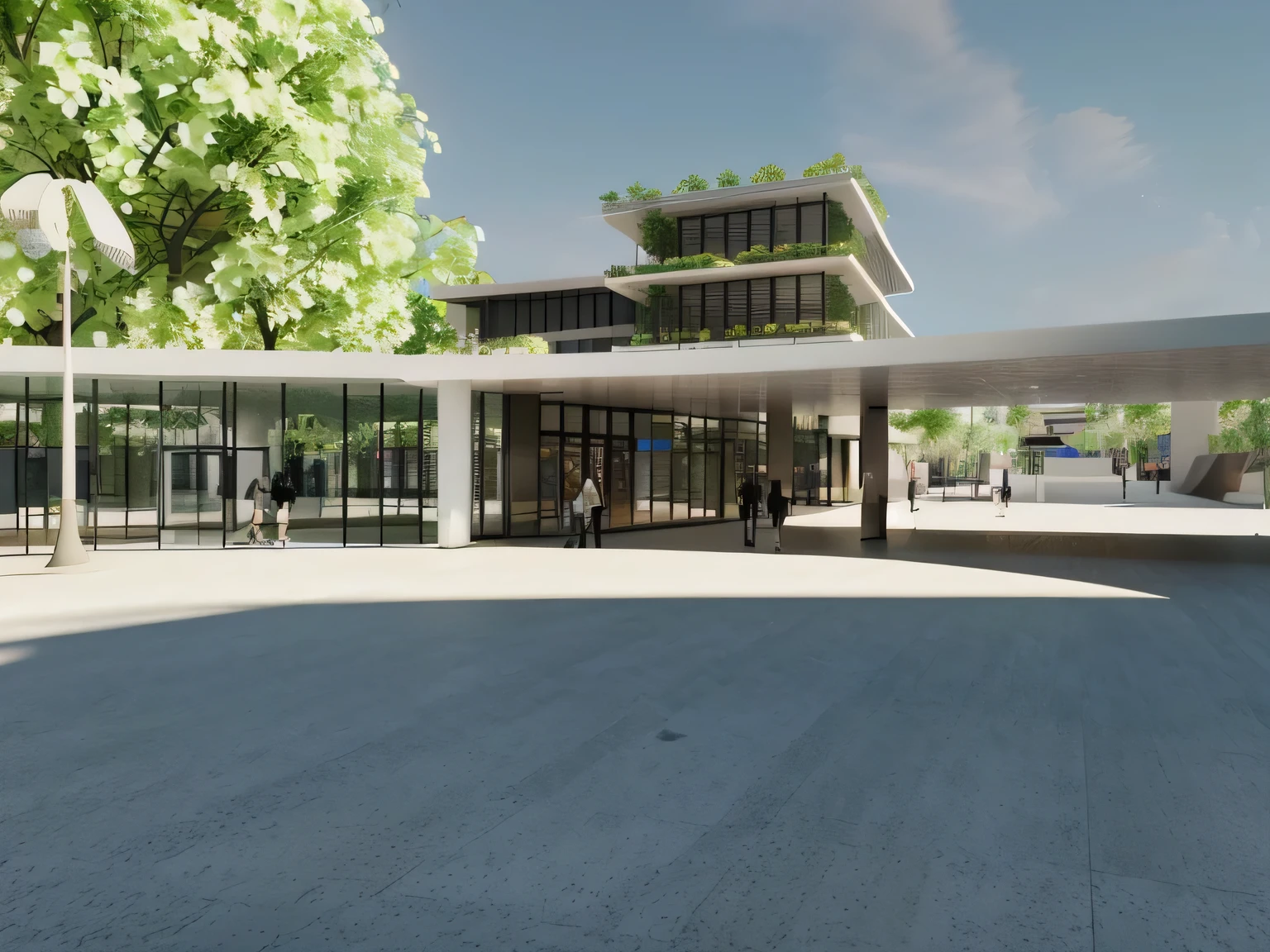 rendering of a modern building with people walking in it, musical presentation, pessoas reais, useu, lojas, trade, cachorros e pessoas alegres, architectural rendering, architectural 3D rendering, from street level, detail rendering, digital rendering, view from ground level, Sharp HQ rendering