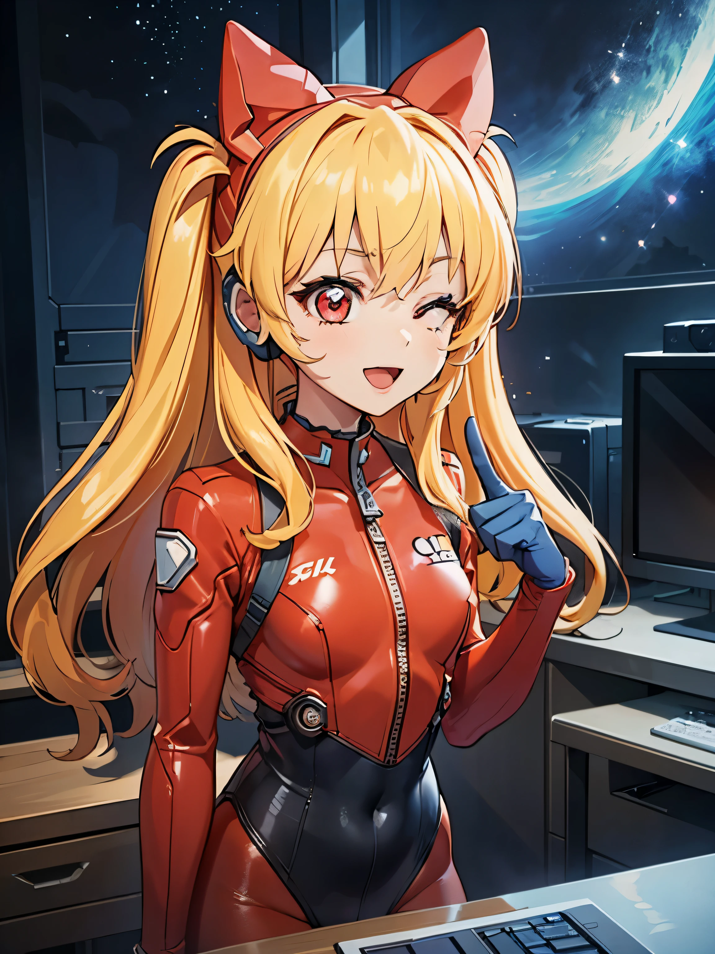 (俯瞰figure),dynamic angle,super detailed, figure, close, straight, 1 girl, 
 ((Soryu Asuka Langley, interface headset, red bodysuit:1.4, blonde)),Her eyes shone like dream-like stars,(shining eyes:1.233),(beautiful and detailed eyes:1.1),(No expression),(Are standing), the last spell（prompt）
(masterpiece, highest quality, ultra high resolution, perfect anatomy, very detailed),
break,
1 girl,
,
red eyes,
twin tails,
black hair,
big ribbon in hair,
idol costume,
break,
(pointing),
(full face),
closed one eye,
(open your mouth),
glow eyes,
smile,
stage light,
(Maintenance room with tools and spaceship windows inside a white spaceship),
(night:1.2),dream-like, [[delicate fingers and hands:0.55]::0.85],(finger details),