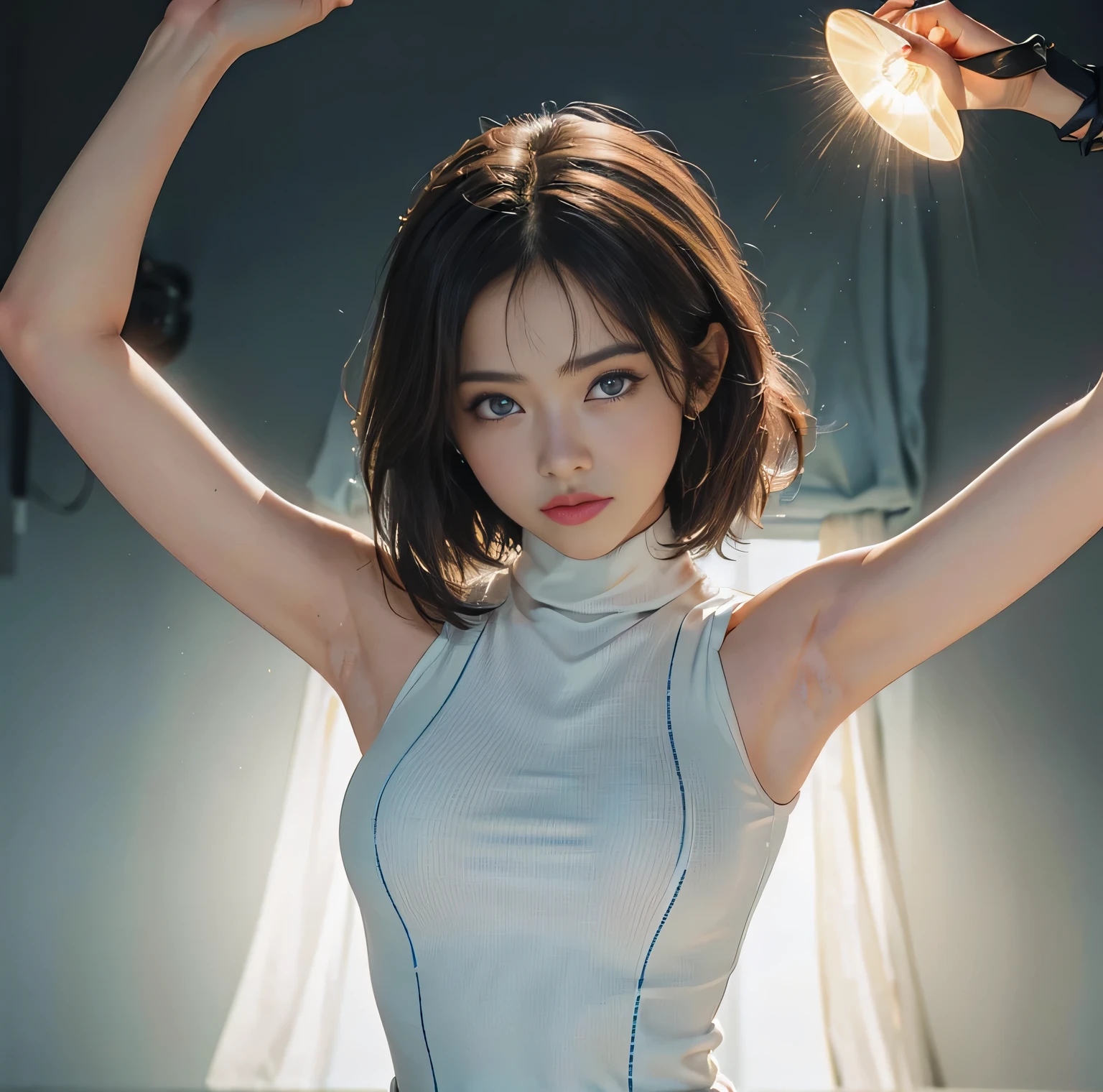 {highest quality}, {8K quality}, masterpiece, (Professional lighting without shadows), (girl:1people々), (perfect body and firm chest:1.3), radiant white skin, {(Bright and beautiful blue eyes with plump tear bags reflect a lot of light....:1.2)}、 {(She is wearing a pale colored sleeveless turtleneck micro mini dress)}, (No skin is exposed on the upper body except for the arms....:1.4), (Turn to me and show me your firm breasts through your clothes....:1.2), (from the knees up:1.3), (standing like a model),