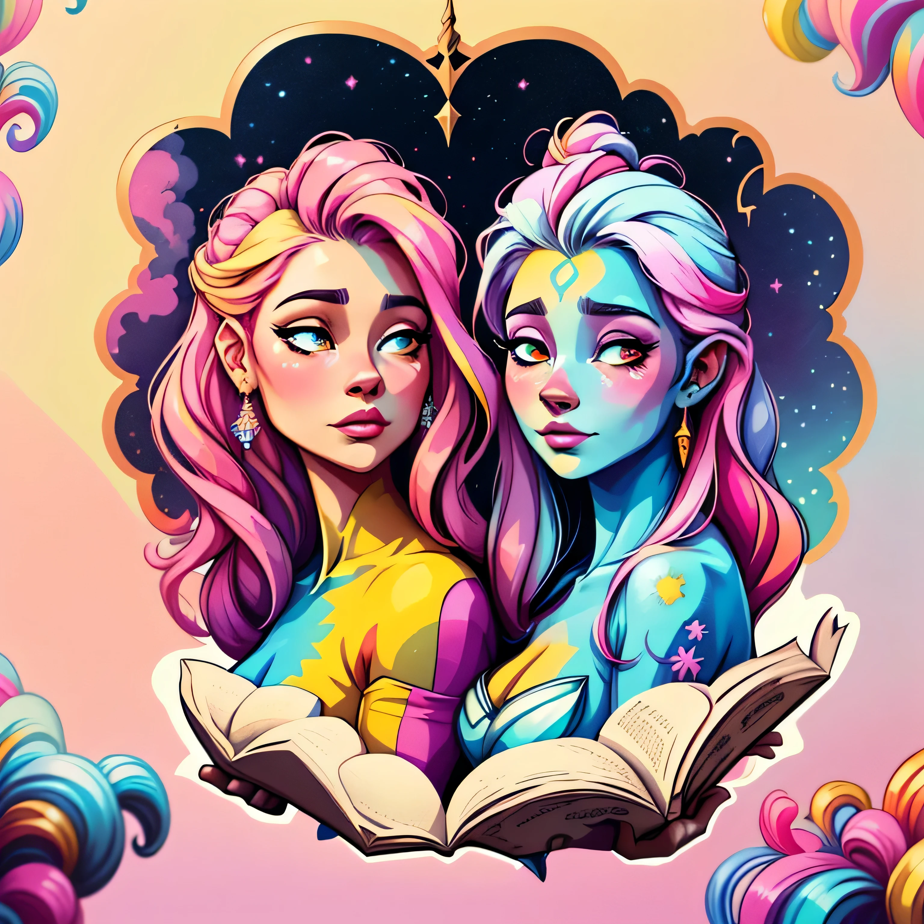 adesivo, fundo simples, portrait, 2 girls, couple, girl with long hair, beautiful unicorn girl, unicorn aesthetic, beautiful girl, very beautiful fantasy art, beautiful and elegant female unicorn, beautiful detailed fantasy, pink and yellow color palate, pink color-theme