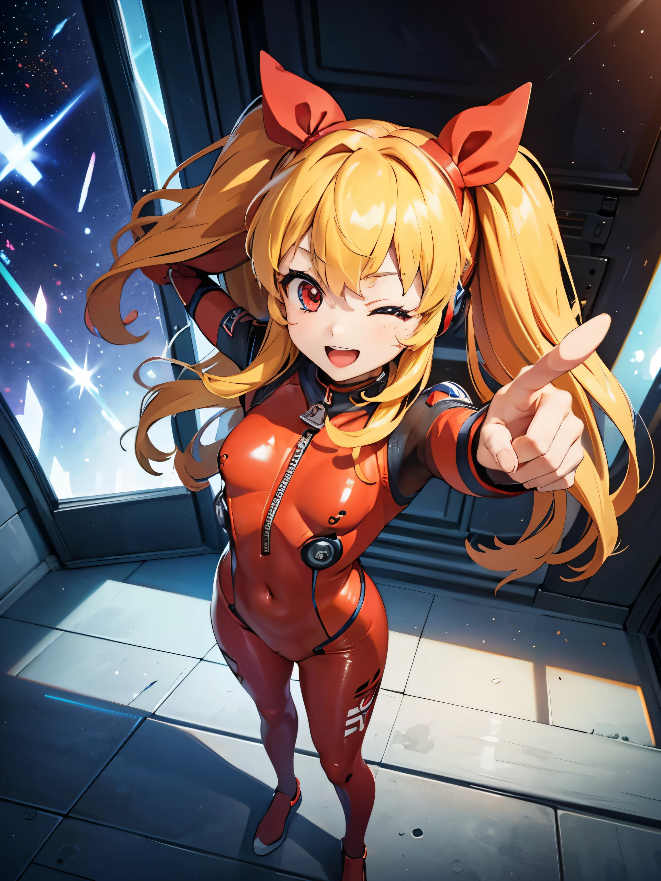 (俯瞰figure),dynamic angle,super detailed, figure, close, straight, 1 girl, 
 ((Soryu Asuka Langley, interface headset, red bodysuit:1.4, blonde)),Her eyes shone like dream-like stars,(shining eyes:1.233),(beautiful and detailed eyes:1.1),(No expression),(Are standing), the last spell（prompt）
(masterpiece, highest quality, ultra high resolution, perfect anatomy, very detailed),
break,
1 girl,
,
red eyes,
twin tails,
black hair,
big ribbon in hair,
idol costume,
break,
(pointing),
(full face),
closed one eye,
(open your mouth),
glow eyes,
smile,
stage light,
(Maintenance room with tools and spaceship windows inside a white spaceship),
(night:1.2),dream-like, [[delicate fingers and hands:0.55]::0.85],(finger details),