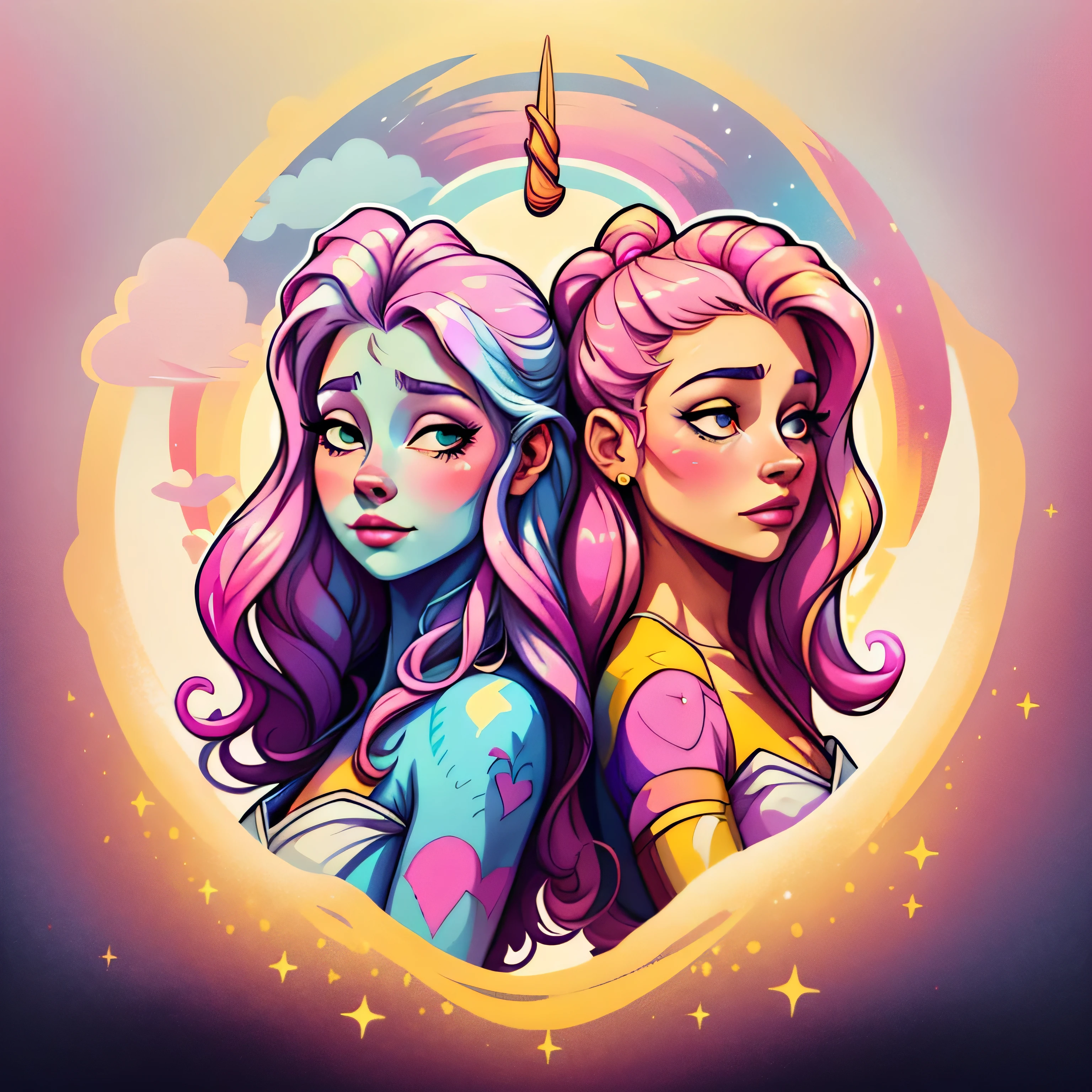 adesivo, fundo simples, portrait, 2 girls, couple, girl with long hair, beautiful unicorn girl, unicorn aesthetic, beautiful girl, very beautiful fantasy art, beautiful and elegant female unicorn, beautiful detailed fantasy, pink and yellow color palate, pink color-theme