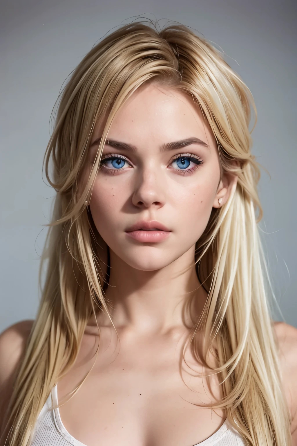 perfect and beautiful in front of a white wall, on an equally white background. Blonde hair, silky and loose, falls over one eye. Vibrant blue eyes are closed, but the facial expression conveys sadness and intense anger, with hatred visible in his eyes. The face has flawless white skin, pink lips, a thin nose and chin. The person wears a white sleeveless t-shirt, highlighting the seriousness of the expression. The contrast between physical perfection and intense emotionality creates a captivating and intriguing image.